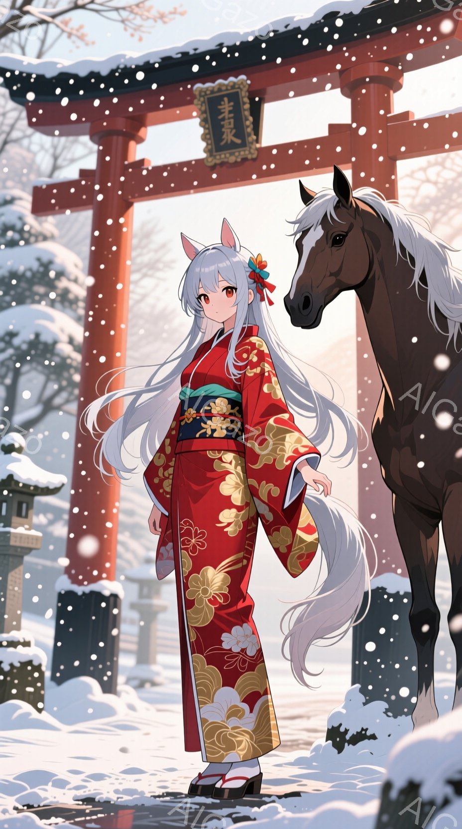 白髪の長い女性が赤い着物を着て雪の中を歩いている。着物には金色の花柄が描かれており、腰には金色の帯が締まっている。背景には鳥居と雪景色が広がり、静かで幻想的な雰囲気を醸し出している。