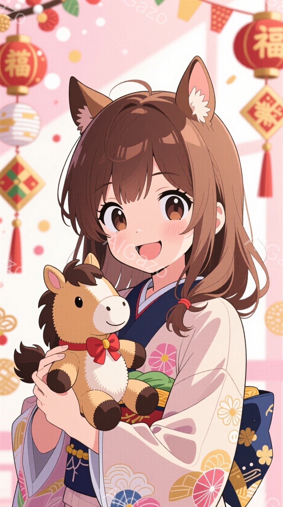 明るい笑顔の少女が、オフホワイトと水色の着物を着ています。彼女は茶色の巻き髪で、頭には白い花飾りをつけています。背景には、赤い提灯や花火が描かれており、お祝いの雰囲気を醸し出しています。