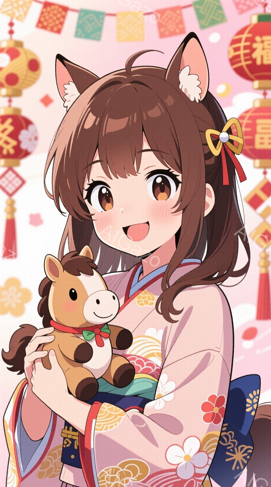 明るい笑顔の少女が、白地にピンクと水色の幾何学模様が入った白とピンクの着物を着ています。彼女は茶色の巻き髪にピンクのリボンと花飾りをつけており、片手で可愛らしい棕色の馬のぬいぐるみを抱きしめています。背景にはピンク色の提灯がいくつか飾られており、全体的に暖かくお祝いの雰囲気です。