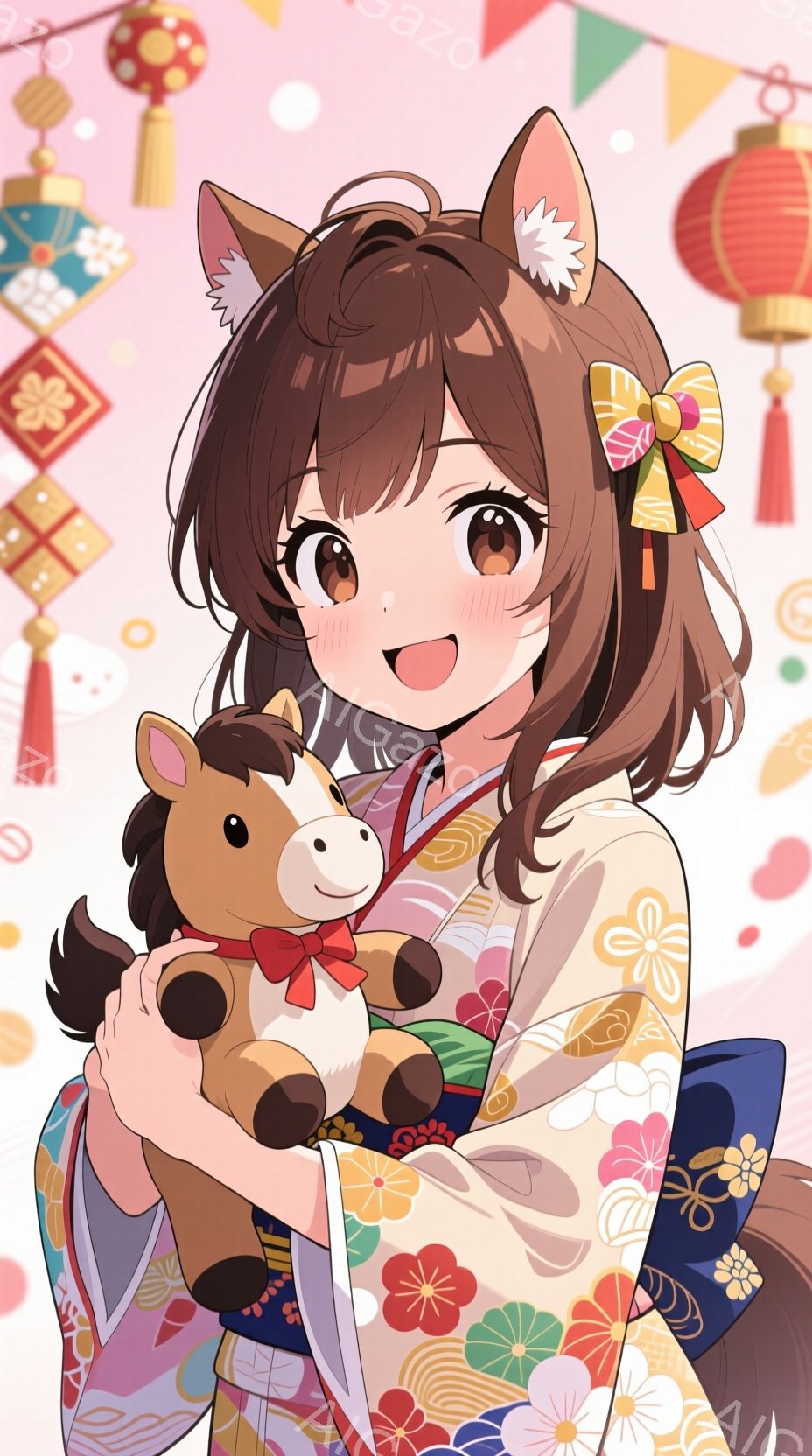 金髪の巻き髪に、赤いリボンをつけた少女が、抱き締めた茶色のテディベアと微笑んでいます。彼女はクリーム色の地に花柄が描かれた着物を着ており、水色の帯がアクセントになっています。背景には、色とりどりの提灯や風船が飾られ、お祝いの雰囲気が漂っています。