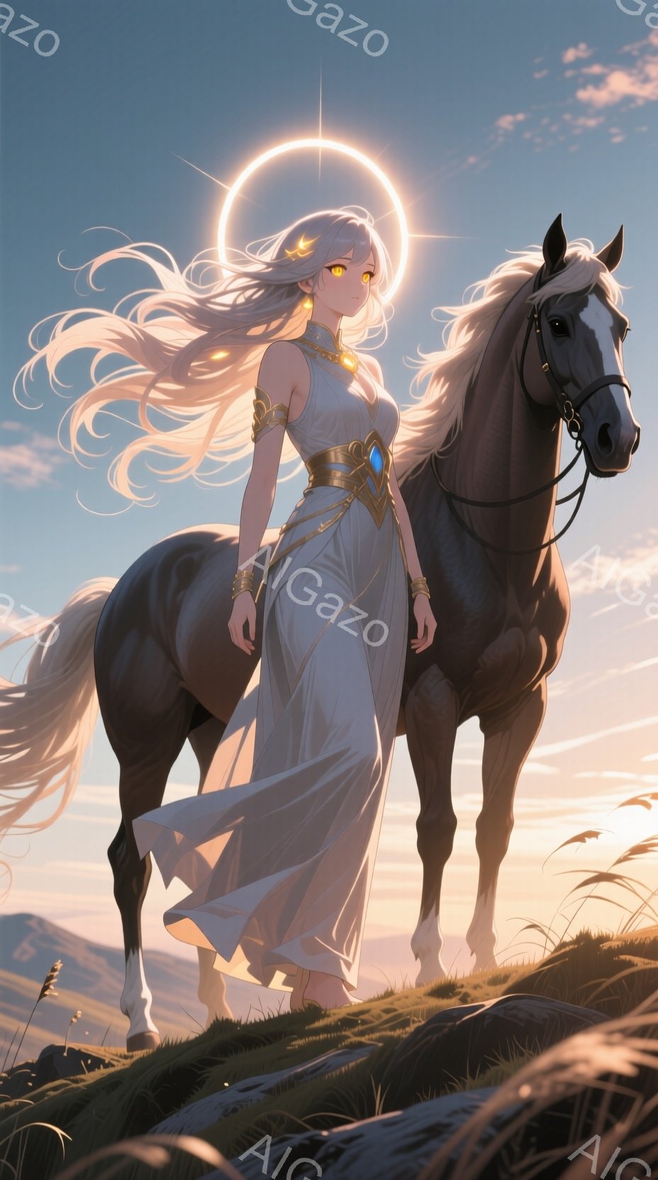 金色の光輪に囲まれた女性が、漆黒の馬に寄り添って草原に立っている。彼女は白く流れるような長い髪を持ち、金色の装飾が施された白いドレスを身に着けている。背景には夕焼け空が広がり、草原には草が茂り、全体的に幻想的で神聖な雰囲気を醸し出している。