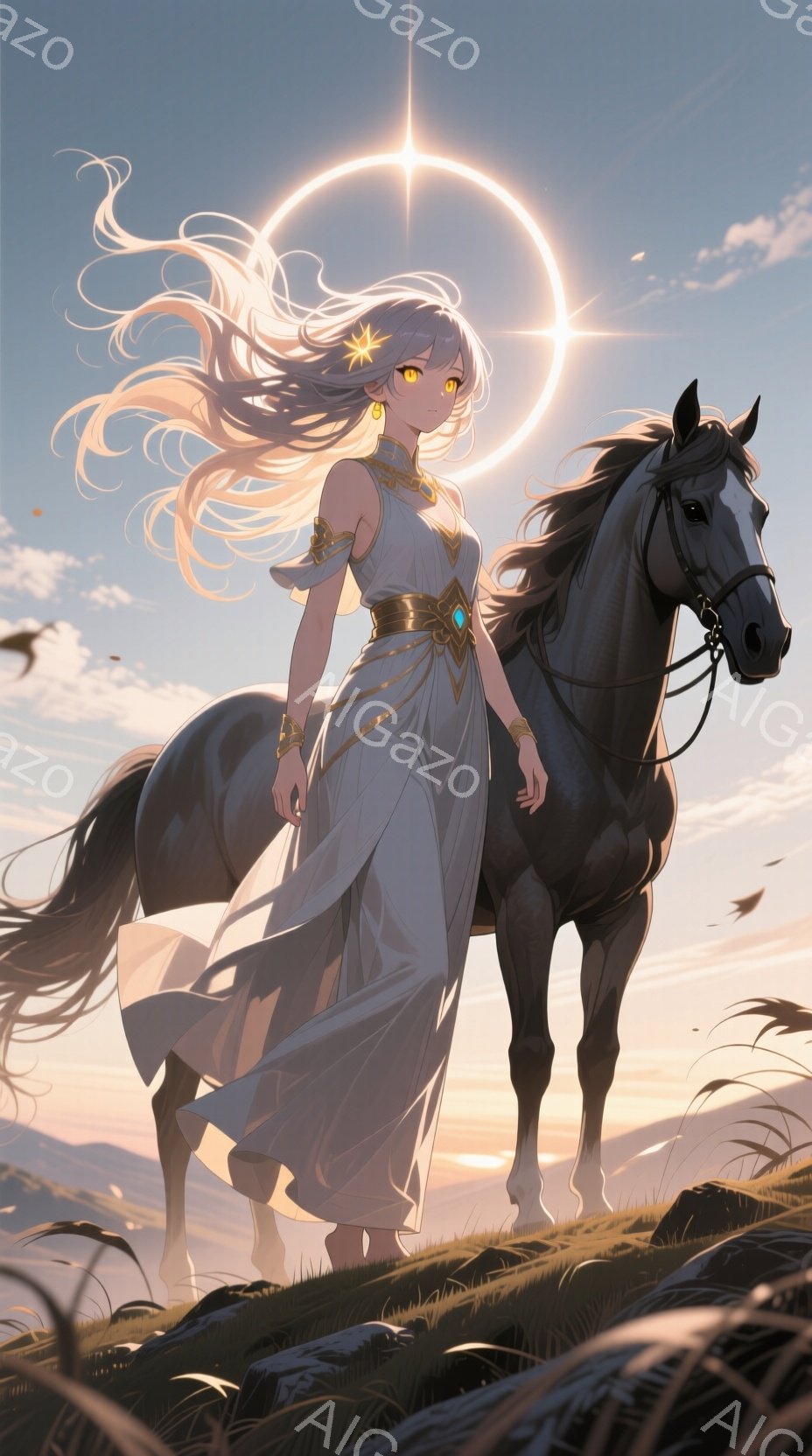 長い銀髪を風になびかせ、白いドレープのドレスを身につけた女性が、黒い馬と共に草原を歩いている。ドレスは金色の装飾が施され、女性は自信に満ちた表情で前を見据えている。背景には夕焼けの空と、かすかに見える遠くの山々が広がり、神話的な雰囲気を醸し出している。