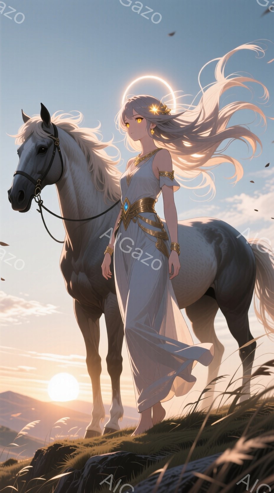 金色の髪をなびかせ、白いドレスを身につけた女性が、白馬と共に丘の上を歩いている。彼女は明るい表情で、まるで女神のように優雅で荘厳な雰囲気である。背景には夕焼けが広がり、草の生い茂る丘と、遠くに見える水 - AI生成フリー素材