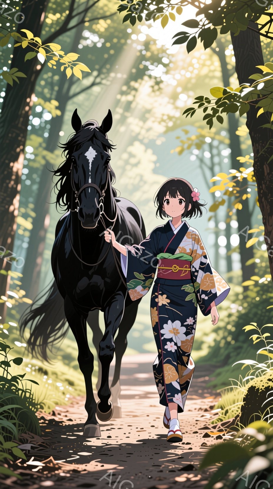 黒髪を後ろで一つにまとめた少女が、花柄の着物と赤い帯を身につけ、黒い馬の隣を歩いている。彼女は穏やかな表情で、リラックスした様子で馬のリードを握っている。背景は緑豊かな森で、光が差し込み、暖かい雰囲気を醸し出している。