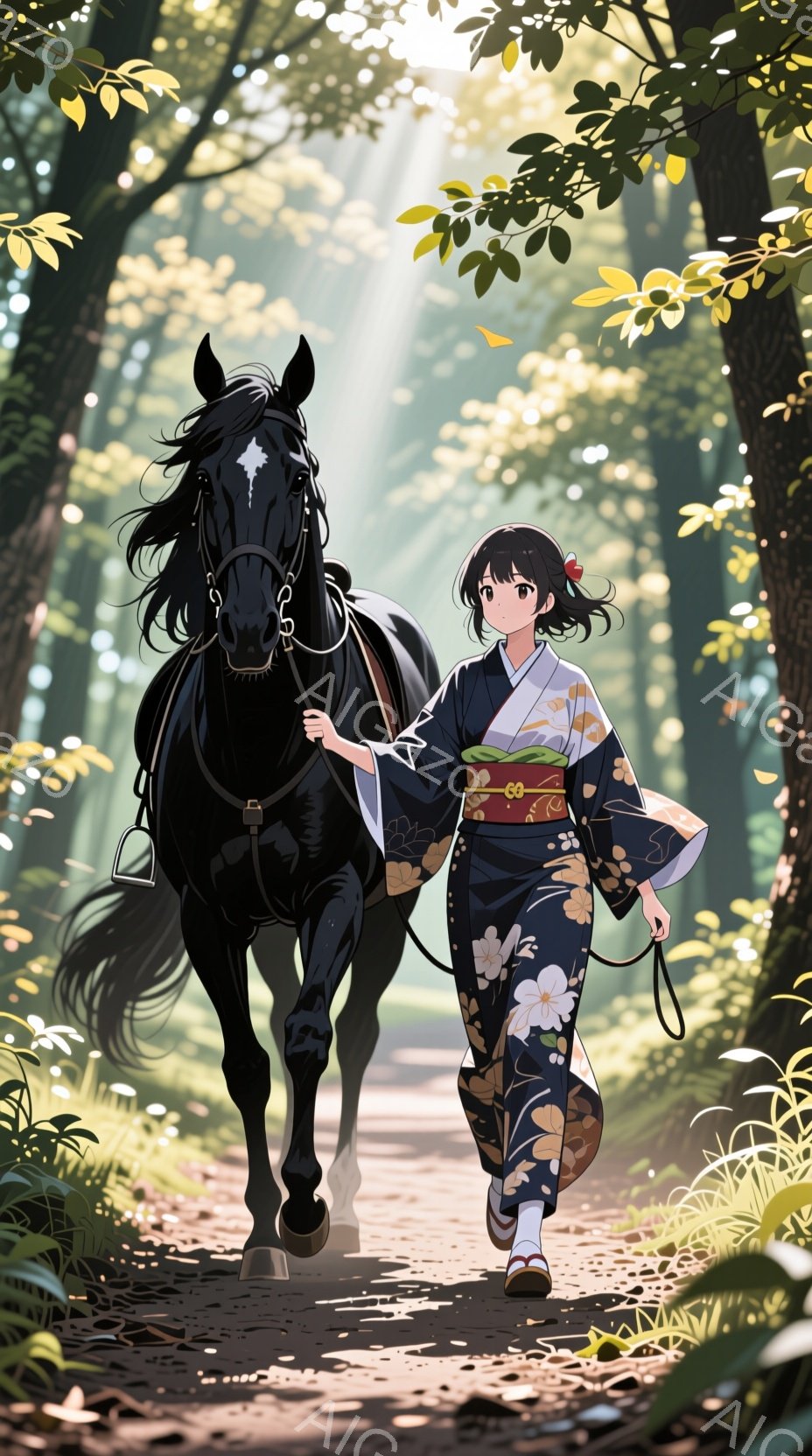 黒い馬を引く女性が描かれている。彼女は濃い藍色地に白と金色の模様が入った着物と、明るいオレンジ色の帯を締めている。背景は緑豊かな森林で、太陽光が木々の間から差し込み、道が明るく照らされている。