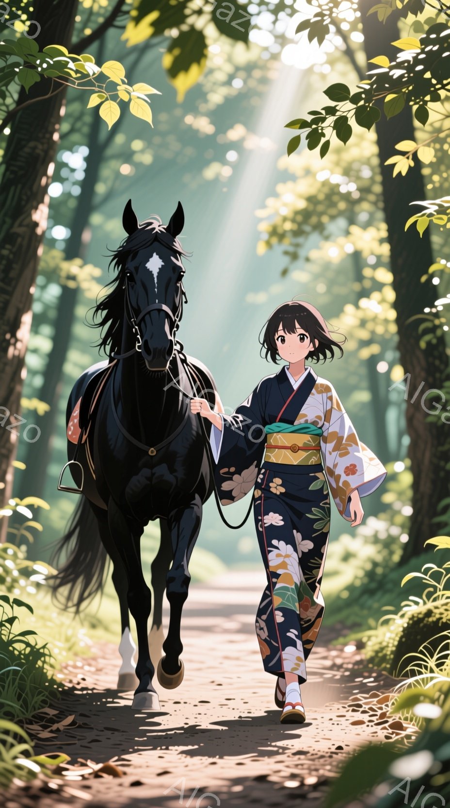 少女は、花柄の着物と黄色い靴を身に着け、黒い馬を引いて土の道を進んでいます。彼女は短い茶色の髪をしており、穏やかな表情で前を見据えています。背景は緑豊かな木々に囲まれ、太陽光が差し込み、静かで平和な雰囲気を醸し出しています。