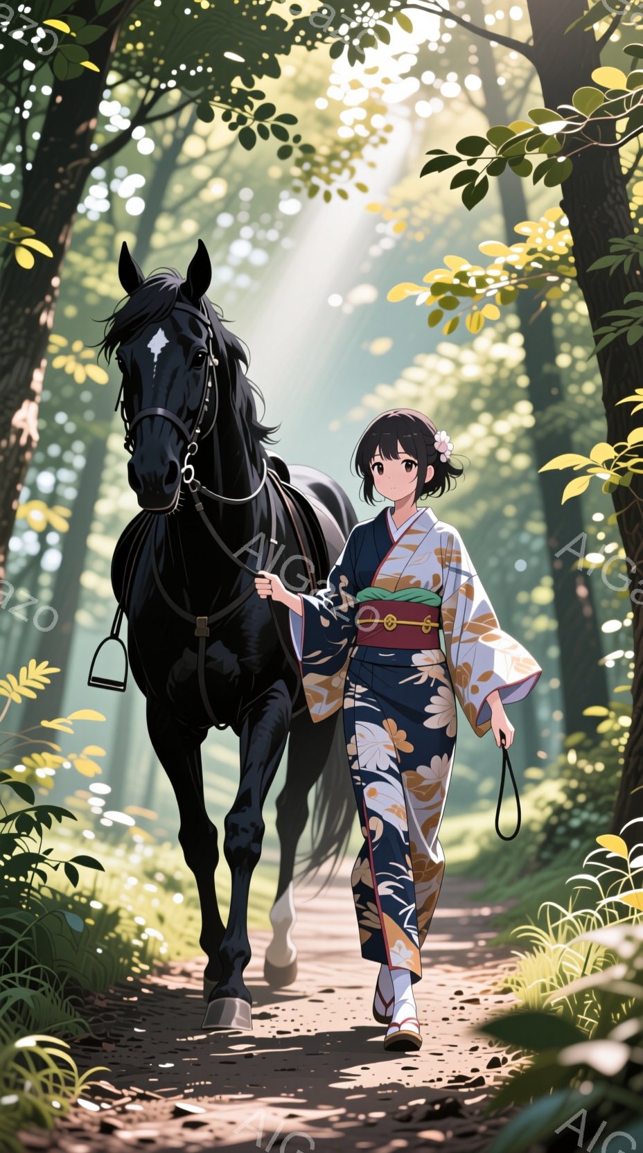深い森の中を、着物を着た若い女性が黒い馬を引いて歩いている。女性は濃い茶色の髪をまとめ、明るい表情で馬と穏やかに歩いている。背景には緑豊かな木々が生い茂り、木漏れ日が差し込み、穏やかで牧歌的な雰囲気を醸し出している。
