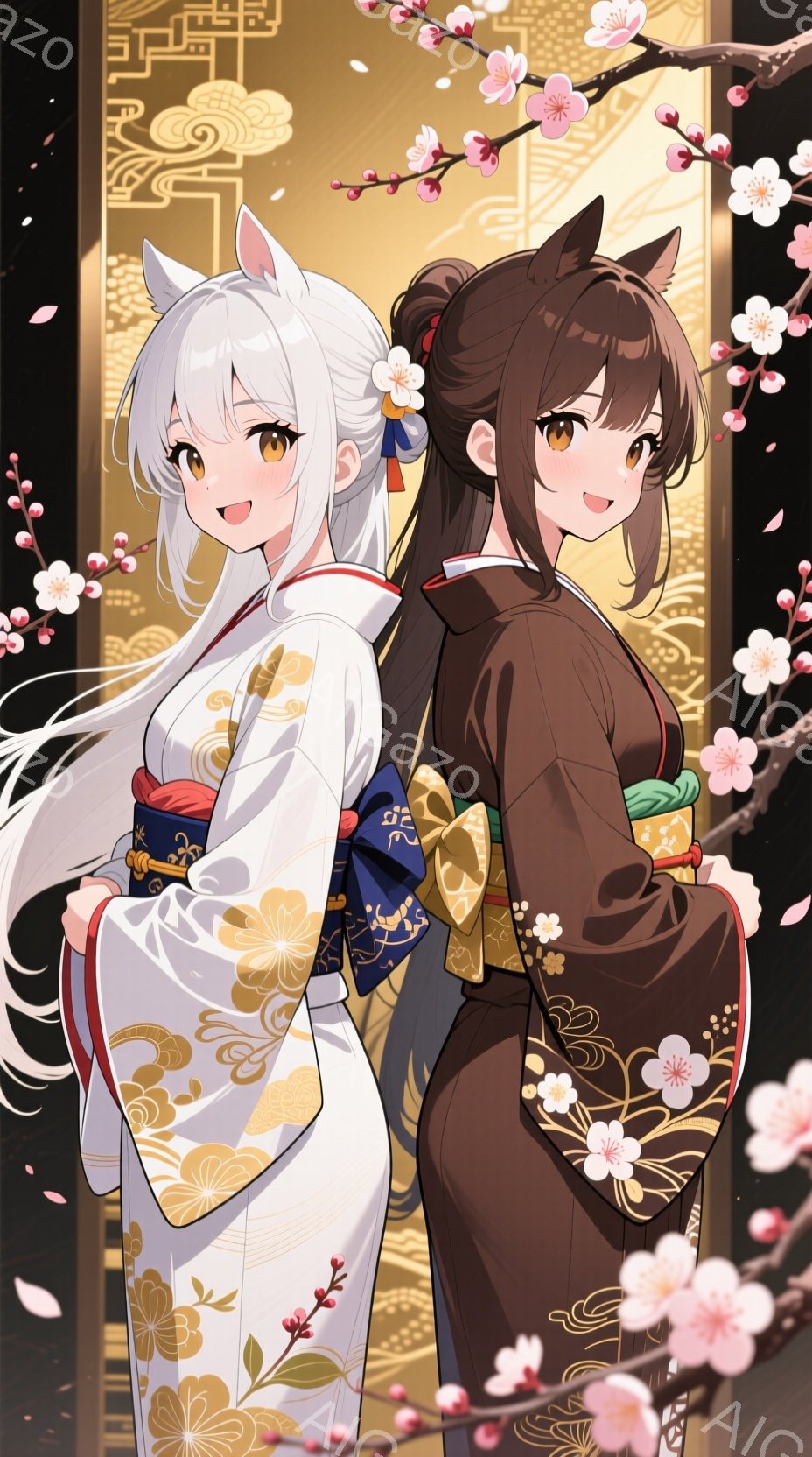 白髪の女性と茶髪の女性が、華やかな着物を身につけて寄り添い合っています。白髪の女性は、金色の花柄が描かれたクリーム色の着物と赤い帯を着用し、長い白髪を後ろで結んでいます。背景には桜の花が咲き乱れ、日本 - AI生成フリー素材