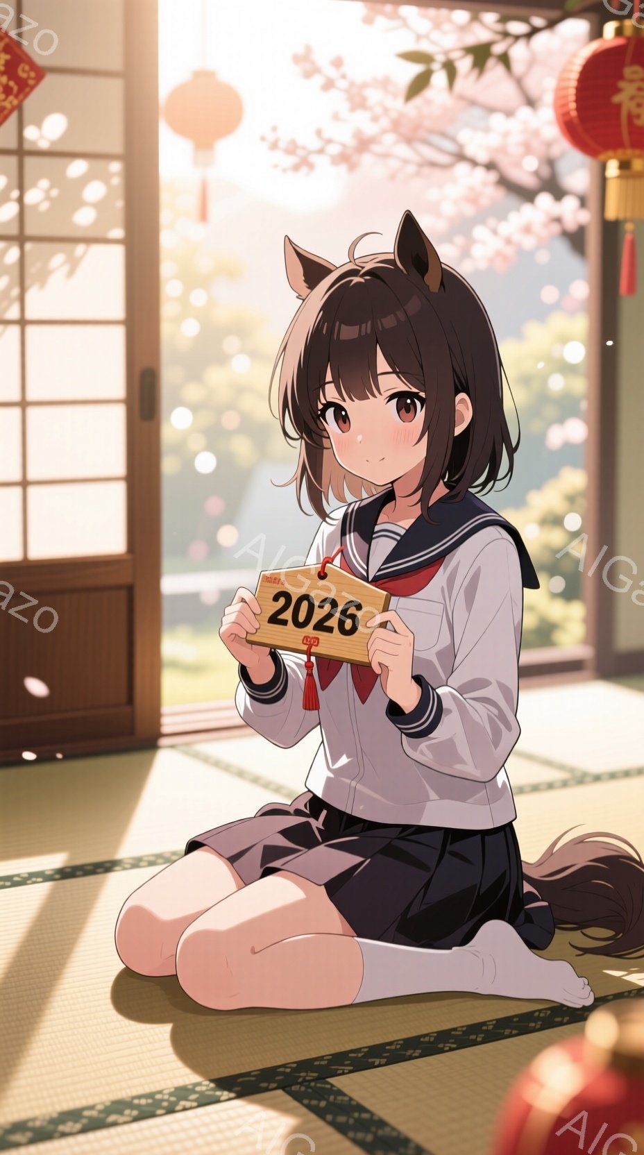 暗い髪と茶色の瞳を持つ少女が、畳の上に座って2026年と書かれたお守りを両手で持っています。彼女はセーラー服を着ており、膝下まで白いハイソックスを履いています。背景には障子や提灯が見え、春の桜が咲き誇 - AI生成フリー素材