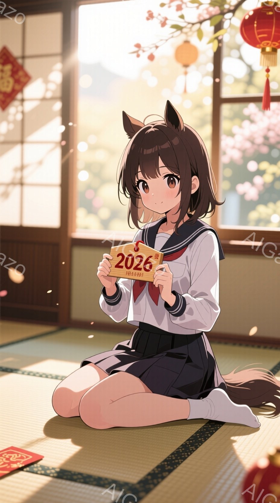 茶色の髪と狐耳を持つ少女が、畳の上に座って「2026」と書かれた札を持っています。彼女はセーラー服を着ており、少し微笑んでおり、明るい表情をしています。背景には、ぼんやりとした桜の木と提灯があり、春の穏やかな雰囲気を醸し出しています。
