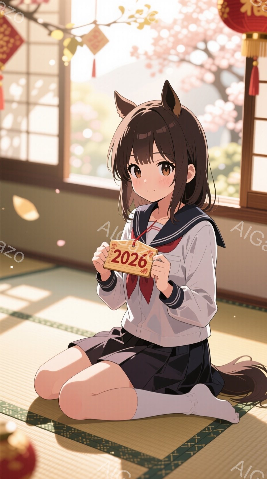 少女はセーラー服を着て、ひざを抱えて座っています。彼女は明るい表情で「2026」と書かれた札を持っています。背景には畳の部屋と、桜が咲き誇る庭が見え、春の暖かく穏やかな雰囲気が漂っています。