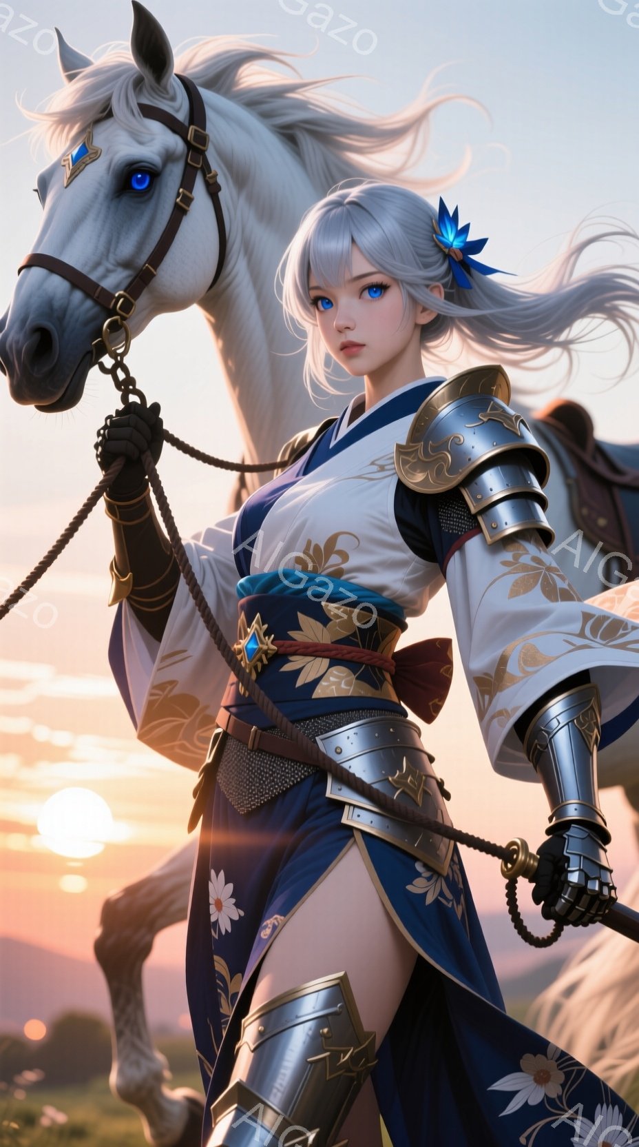 白い馬にまたがった女性が描かれています。彼女は青い帯と白い着物、それに金色の装飾が施された鎧を身に着けており、長い銀髪を後ろで結んでいます。背景には夕焼け空と草原が広がり、彼女は力強く、かつ優雅な姿勢で馬を操っています。
