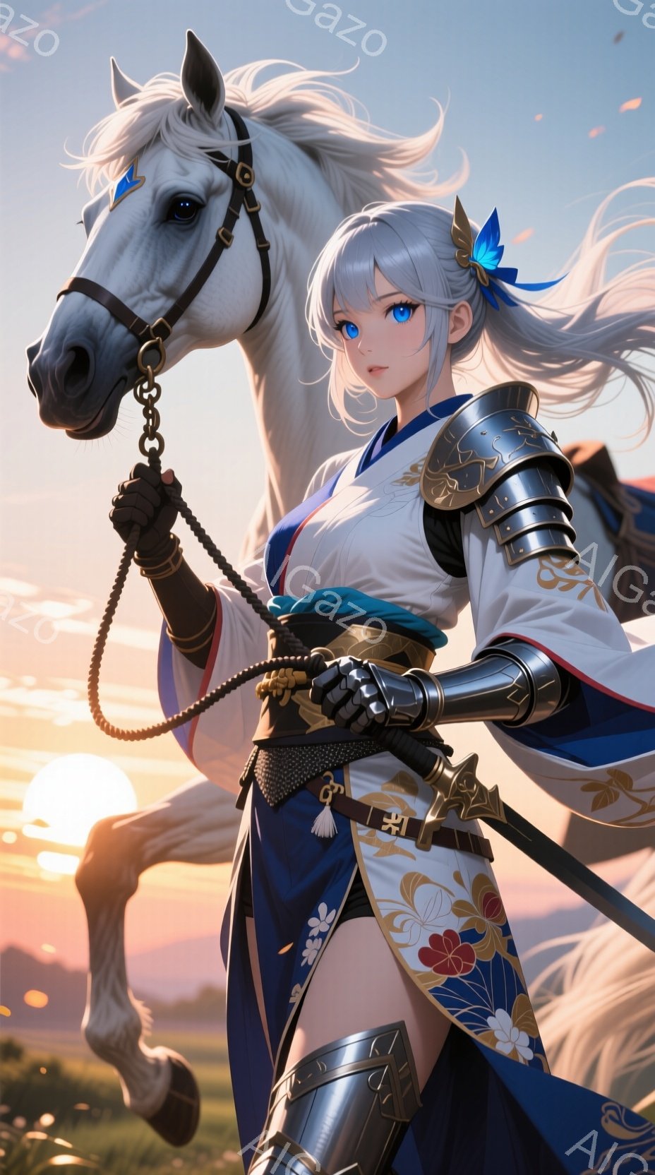 白い馬にまたがった女性が描かれています。彼女は日本の伝統的な衣装と西洋風の鎧を組み合わせた服装で、明るい金色の髪は風になびき、青い瞳は遠くを見つめています。背景は夕焼けに染まり、草原が広がり、力強さと美しさが共存する幻想的な雰囲気を醸し出しています。