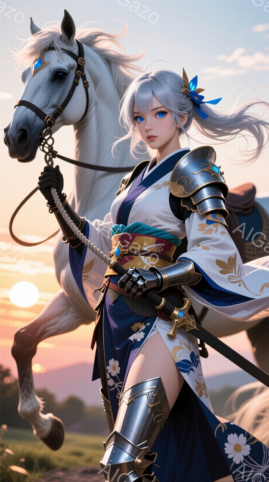 白い髪を高く結い上げた女性が、甲冑の一部を身につけ、青い着物と白のオーバーコートを着用しています。彼女は力強く馬に跨り、片手で手綱を握り、凛とした表情で遠くを見つめています。夕焼けの空と草原が広がる背景には、穏やかさと力強さが共存する、壮大で美しい雰囲気が漂っています。
