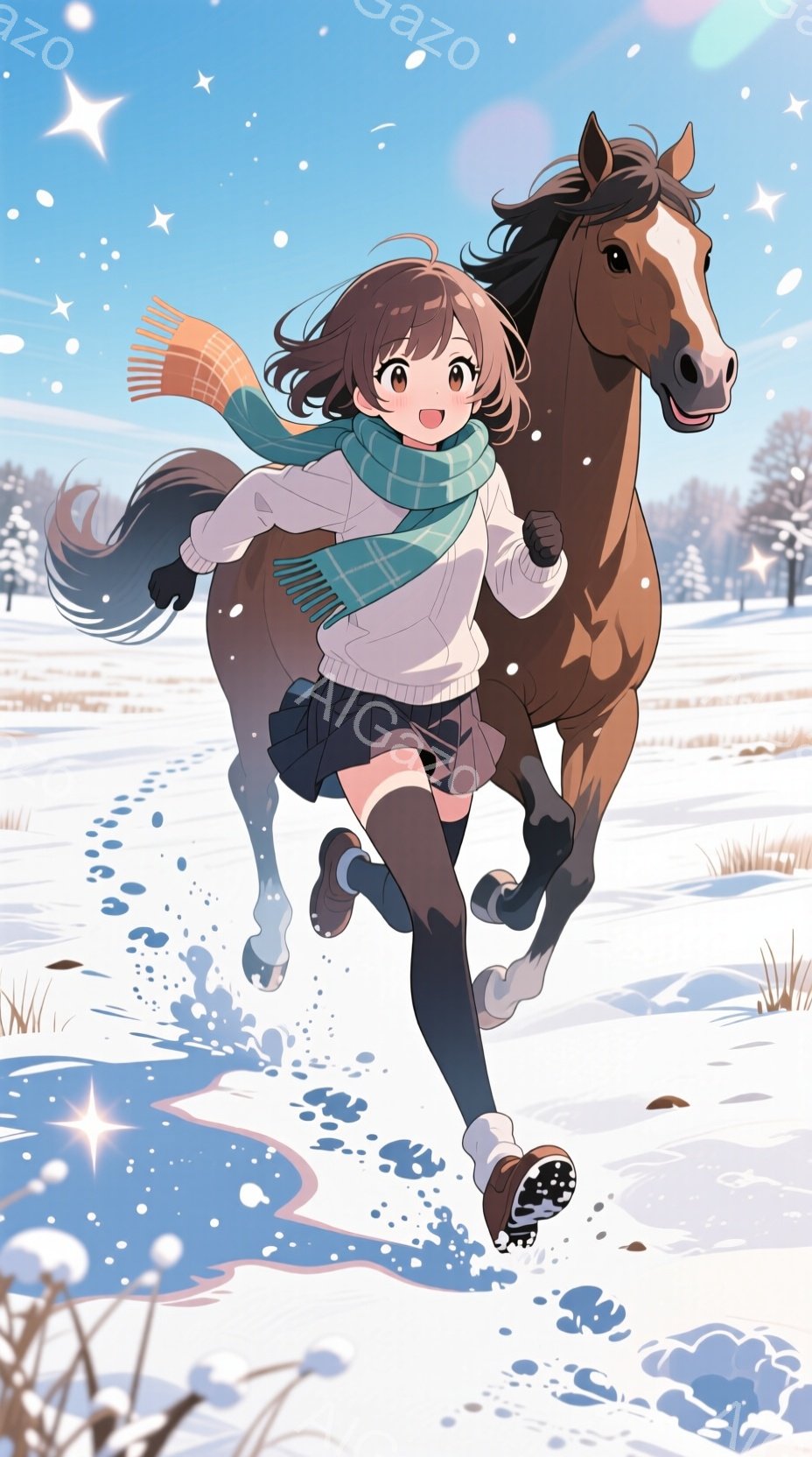 茶色の髪を肩まで伸ばした少女が、冬の雪景色の中で馬と共に駆けている。少女は緑色のマフラーを巻き、白いセーターと黒いスカート、ブーツ姿で、顔には喜びの表情が浮かんでいる。背景には、雪に覆われた草地と木々が広がり、空からは雪片が舞い降りており、暖かく、活気に満ちた雰囲気を醸し出している。