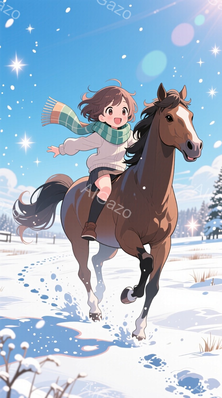 雪景色の中、茶色の髪をポニーテールにした少女が茶色の馬に乗って疾走している。少女は赤い頬で笑顔を浮かべ、緑色のマフラーを首に巻き、茶色のブーツを履いている。背景には雪に覆われた木々と遠くの建物が見え、 - AI生成フリー素材