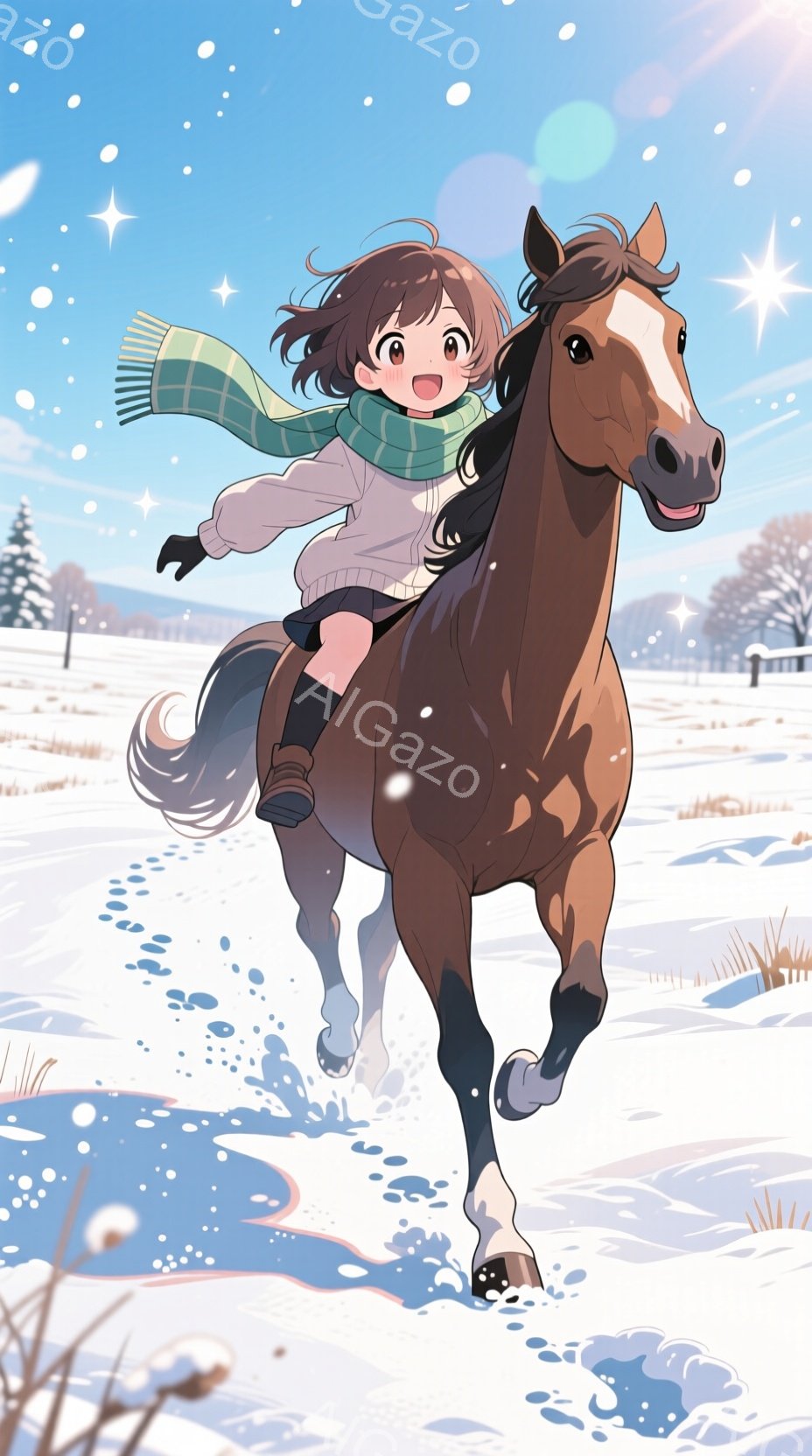 雪景色の中を、少女が茶色の馬に乗って疾走している。少女は緑色のマフラーを巻き、白いセーターを着ており、笑顔で前を見ている。背景には雪に覆われた草原と遠くの山々が広がり、雪が舞っている様子から冬の暖かく - AI生成フリー素材