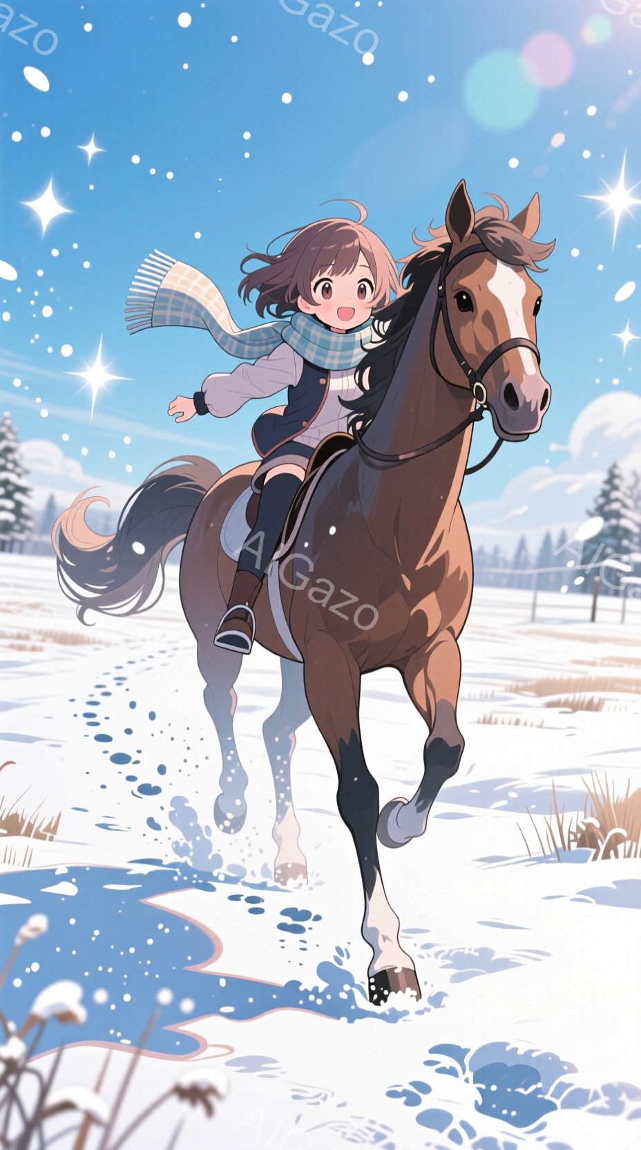 茶色の馬に乗った若い女性が描かれています。彼女は短い茶色の髪で、白いマフラーを巻いており、明るい表情で楽しそうに馬に乗っています。背景は雪景色で、遠くに木々が見え、雪が舞い降りる冬の穏やかな雰囲気が感じられます。