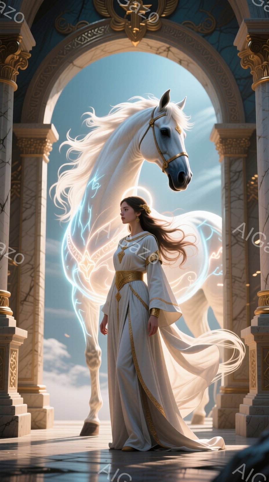 長い黒髪をなびかせ、クリーム色の装飾が施されたゆったりとしたドレスを身につけた女性が立っている。彼女は穏やかな表情で、力強くも神秘的な白馬の隣に立っている。背景には、彫刻が施されたアーチと、霞んだ空が - AI生成フリー素材