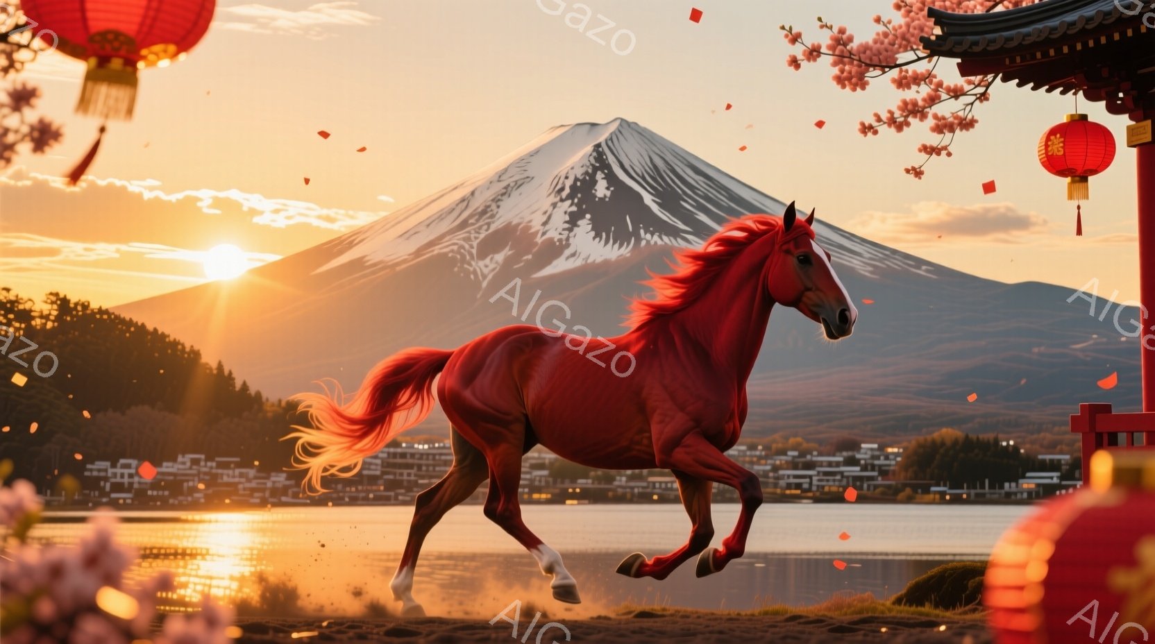 鮮やかな赤毛の馬が、湖のほとりの砂浜を力強く駆けている。背景には、夕日に照らされた富士山と、湖に映る町の明かりが見え、桜の花びらが舞い散っている。全体的に、力強さと美しさ、そして日本の伝統的な風景が調和した、壮大で華やかな雰囲気を醸し出している。