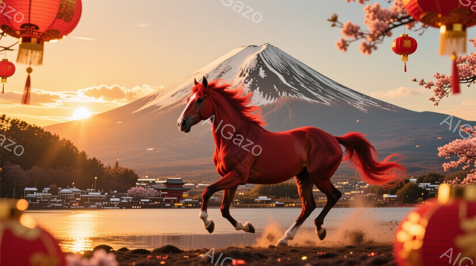 燃えるような赤色の馬が、湖のほとりで力強く駆け抜けている。背景には富士山が夕日に照らされ、湖面にその姿を映している。空には夕焼けが広がり、周りには赤い提灯と桜が咲き誇り、力強くも美しい雰囲気を醸し出している。