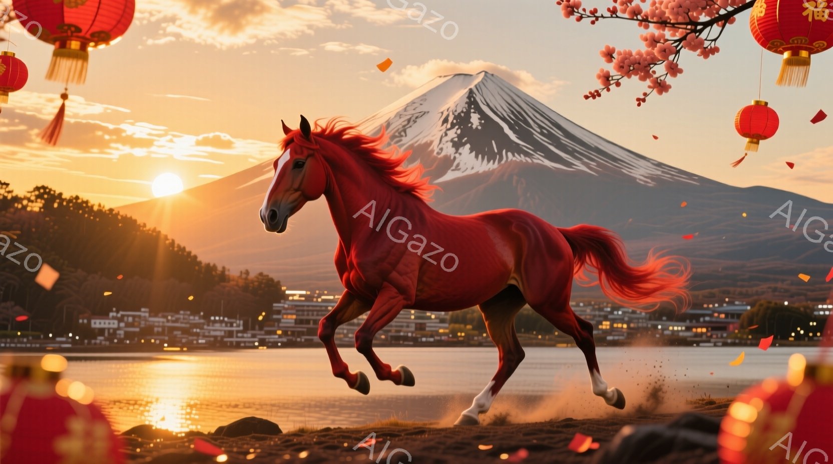 赤い馬が、湖のほとりで力強く走り出している様子が描かれている。背景には、夕日に照らされた富士山と、小さな町並みが広がり、空には舞い散る花びらが漂っている。全体的に、力強さと美しさが調和した、希望に満ちた雰囲気である。