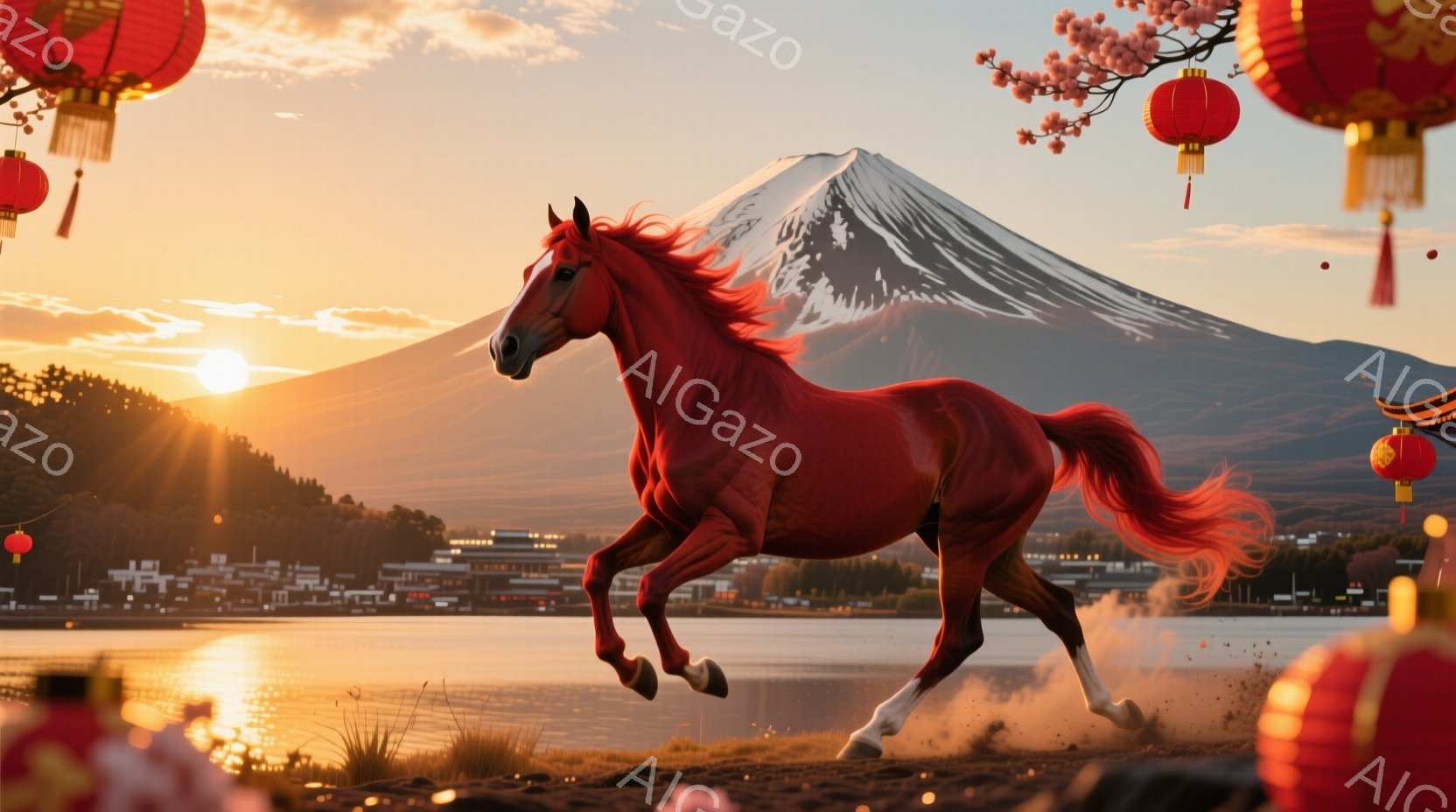 鮮やかな赤色の馬が、湖のほとりの砂浜を力強く駆け抜けている。背景には、夕日に照らされた富士山と、湖に沿って広がる町並みが広がり、赤色の提灯が春の訪れを告げている。 全体的に暖かく、活気に満ちた、希望に満ちた雰囲気である。