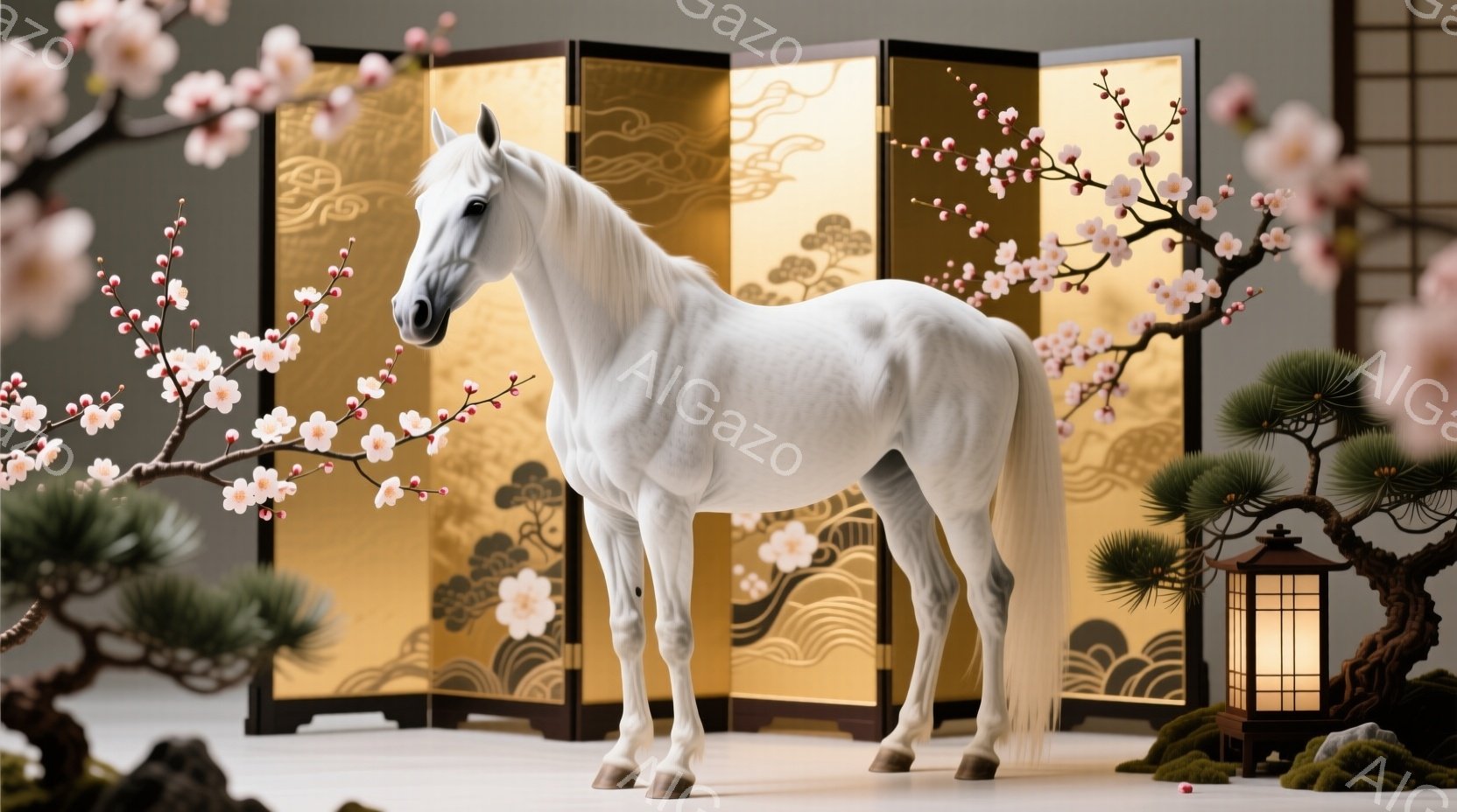 白い馬が、金色の絵柄が描かれた屏風を背景に立っている。背景には、桜の枝と松の木、そして提灯が置かれ、穏やかで優雅な雰囲気を醸し出している。馬は静止しており、その姿は美しく、まるで絵画のようである。
