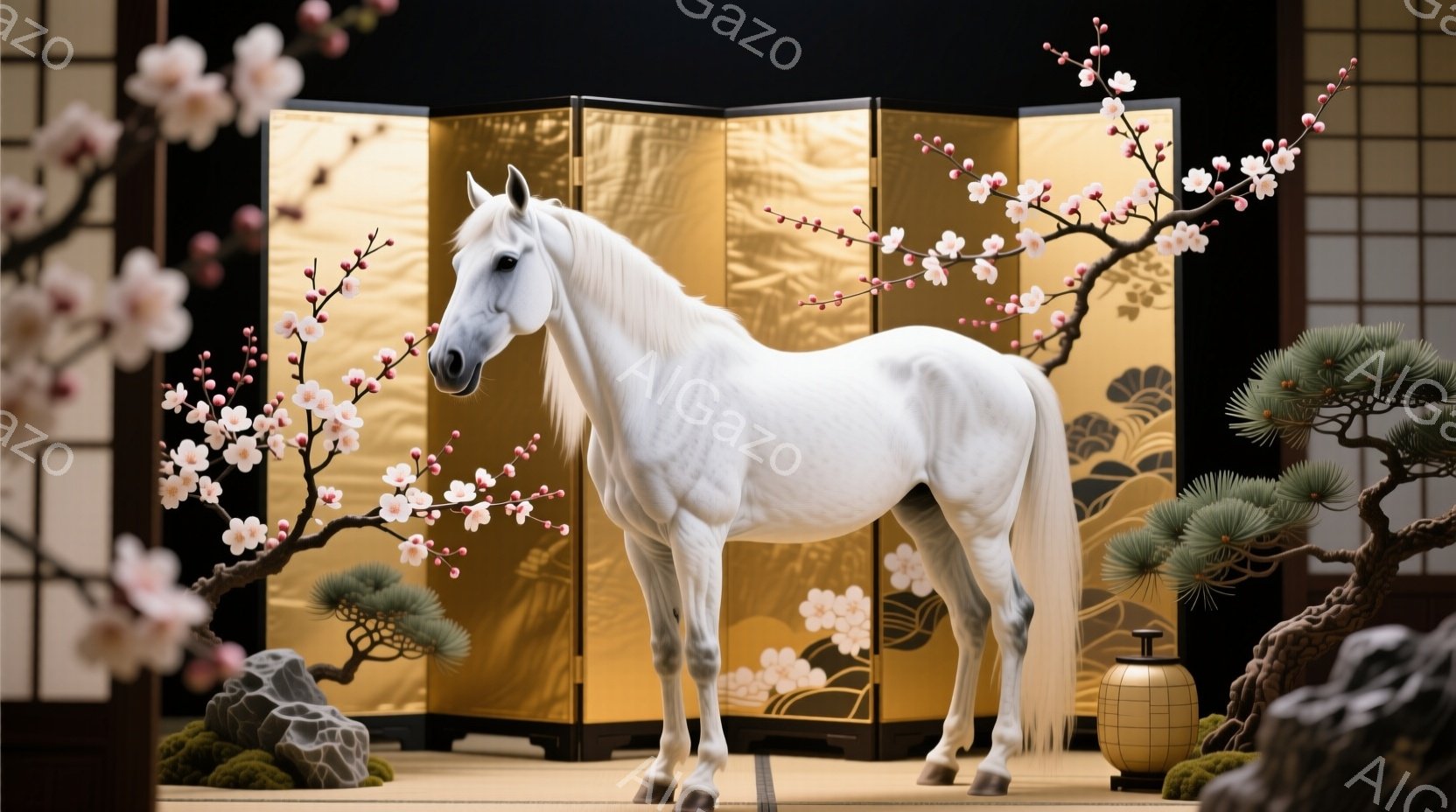白い馬が、金色の桜模様が描かれた屏風と、盆栽、岩、提灯を背景に静かに立っている。馬は落ち着いた表情で、力強く堂々とした姿勢を見せている。全体的に落ち着いた雰囲気で、日本の伝統的な美しさを感じさせる。
