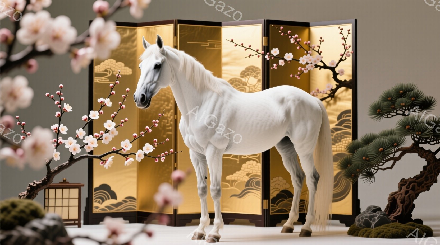 白い馬が、金色の牡丹と波の模様が描かれた背景の前で堂々と立っている。背景には、桜の枝と松の木、そして小さな提灯が配置され、日本庭園のような穏やかな雰囲気を作り出している。馬は静止しており、その姿は力強く、優美で、春の訪れを感じさせる。