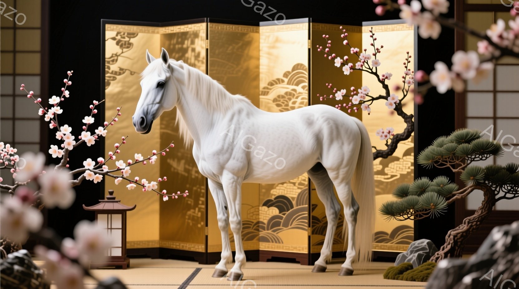 白い馬が畳の上に静止して立っている。背景には金色の波と鶴の模様が描かれた屏風、盆栽、石、そして桜の花が咲き乱れる枝があり、落ち着いた優雅な雰囲気を醸し出している。盆栽の緑と桜の淡いピンクが、白馬の純粋さを際立たせ、全体的に日本庭園のような静謐な空間を表現している。