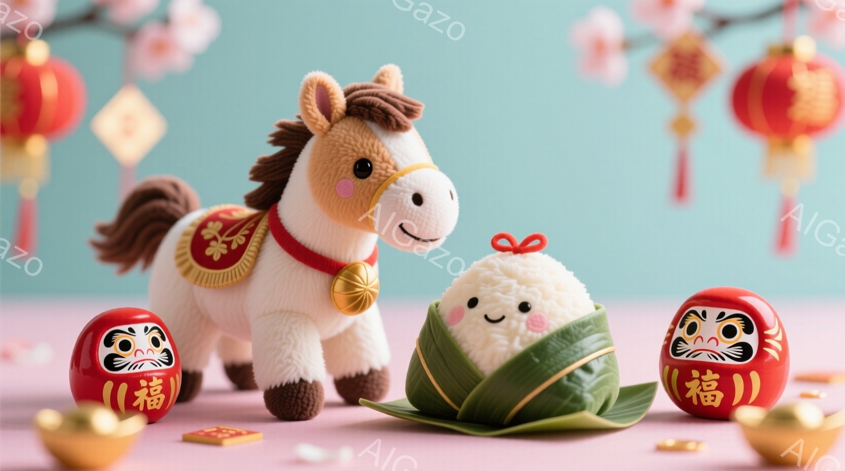 柔らかいピンク色の背景に、可愛らしいぬいぐるみと日本の伝統的な装飾品が並んでいます。白と茶色の馬のぬいぐるみは赤い飾り紐をつけ、元気よく立っています。中央には、竹の葉で包まれたおにぎりが置かれ、その周りには赤いだるま人形と金色の飾り、小さな白い何か(お菓子?)が散りばめられています。