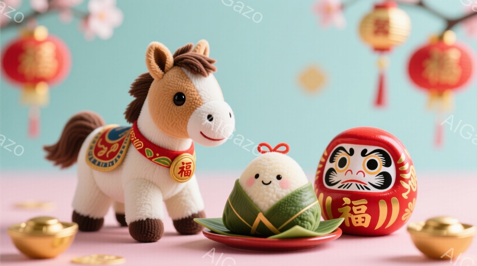 柔らかいピンク色の背景に、可愛らしいおもちゃの馬、お餅、そして赤い縁起物のダルマが置かれています。馬は赤い飾り紐を付けており、穏やかな表情をしています。背景には、ぼんやりとした桜の花と、中国風の赤い提灯が見え、お正月や春の穏やかな祝祭の雰囲気を醸し出しています。