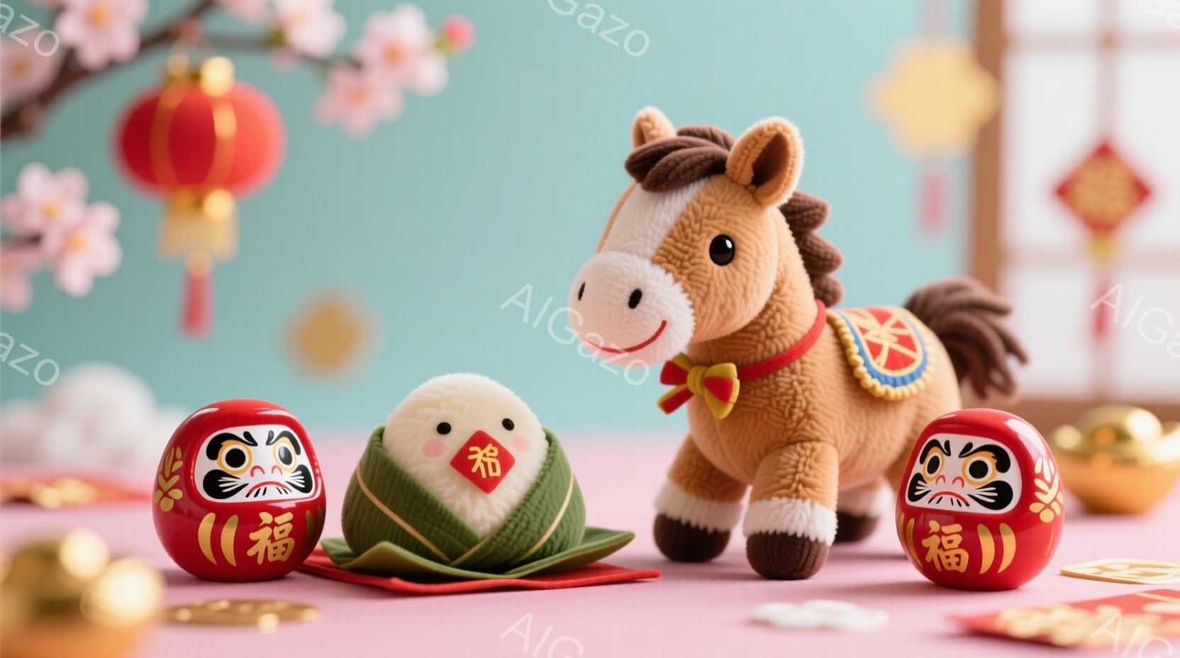 鮮やかなピンク色の背景に、可愛らしいぬいぐるみたちが飾られています。中央には、赤いリボンを付けた茶色の馬のぬいぐるみがおり、左右には「福」と書かれたダルマの人形が配置されています。背景には、赤い提灯と桜の花がぼんやりと見え、全体的に明るく、お祝いの雰囲気です。
