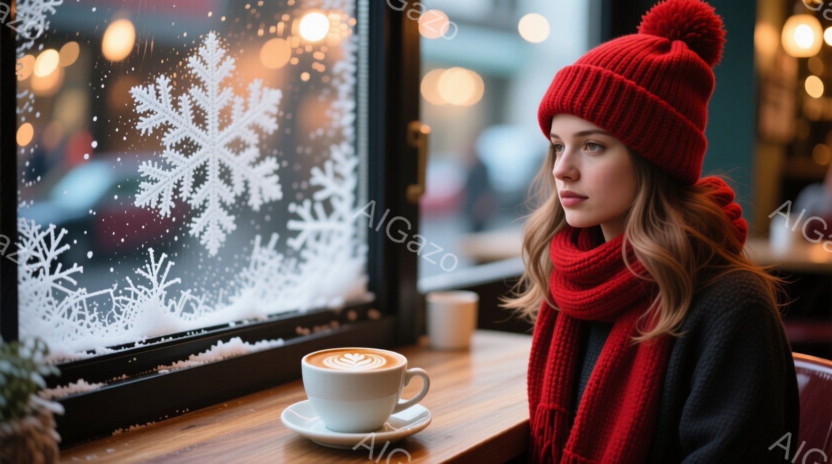 赤いニット帽とマフラーを身に着けた女性が窓辺に座っており、少し物憂げな表情で外を眺めている。彼女は黒いセーターを着ており、明るい色のコーヒーカップが彼女のすぐ近くの木製のテーブルに置かれている。背景に - AI生成フリー素材