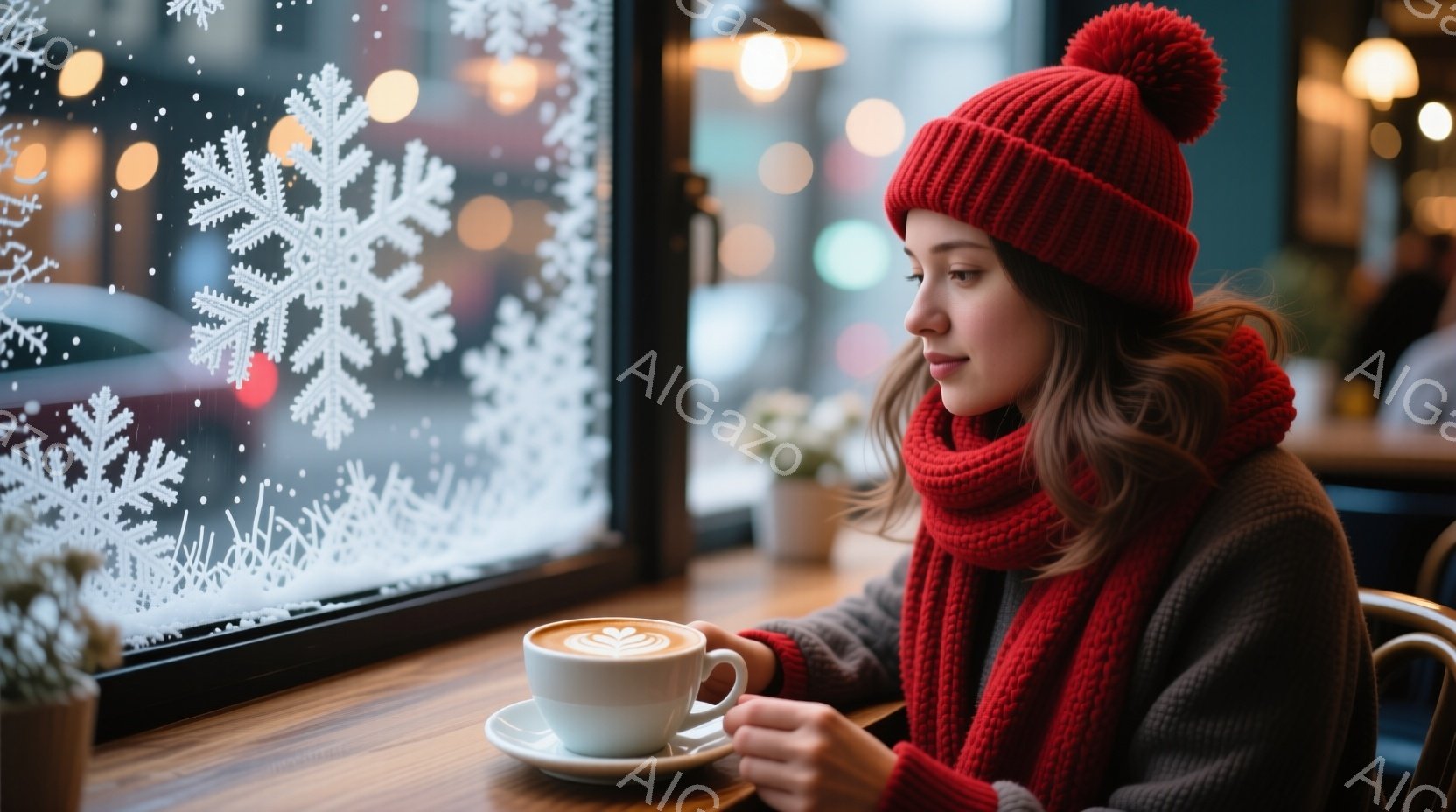赤いニット帽とマフラーを身につけた女性が、窓際の席で温かい飲み物を手にしています。彼女はグレーのセーターを着ており、少し物思いにふけった表情で外を眺めています。窓には雪の結晶が描かれており、クリスマス - AI生成フリー素材