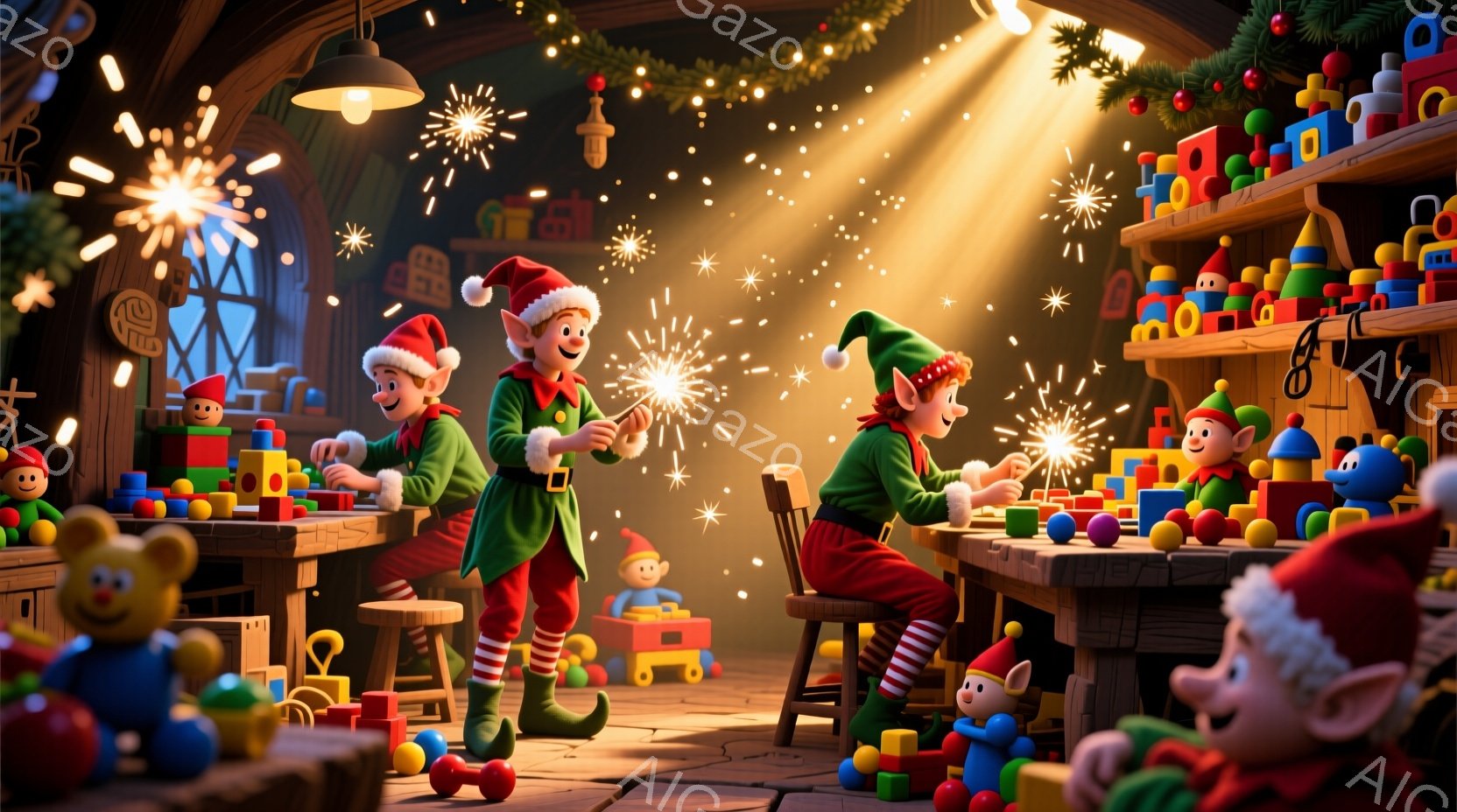 暖炉の光が差し込む、おもちゃ作りの工房で、赤い帽子と緑色の衣装を着たエルフたちが楽しそうに作業をしている。彼らは木製の作業台に座り、積み木や木のおもちゃを組み立て、笑顔で互いに協力し合っている。背景にはおもちゃでいっぱいの棚が並び、クリスマスの飾り付けが施され、温かく幸せなクリスマスの雰囲気を醸し出している。