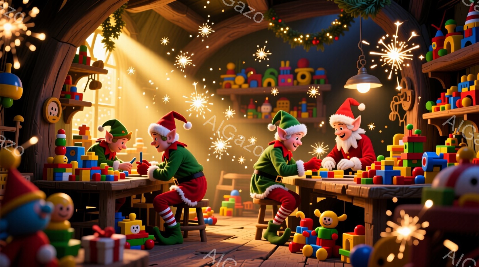 複数のエルフたちが、おもちゃを作る作業に没頭している木製のワークショップの内部です。赤い帽子と緑の服を着たエルフたちは、積み木や木のおもちゃを組み立て、真剣な表情で作業に取り組んでいます。背景には、おもちゃでいっぱいの棚や、クリスマスデコレーションが施された暖炉があり、全体的に温かく、クリスマスの魔法のような雰囲気です。