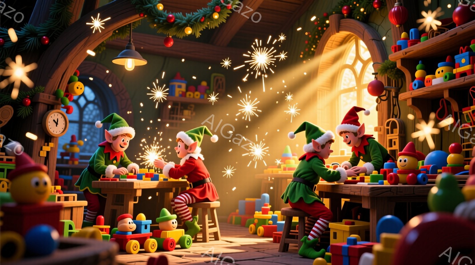 クリスマスの玩具工場で働くエルフたちが描かれています。エルフたちは赤い帽子と緑色の服を着ており、木製の作業台で玩具を組み立てたり、塗装したりしています。背景には、おもちゃでいっぱいの棚や、クリスマスツ - AI生成フリー素材