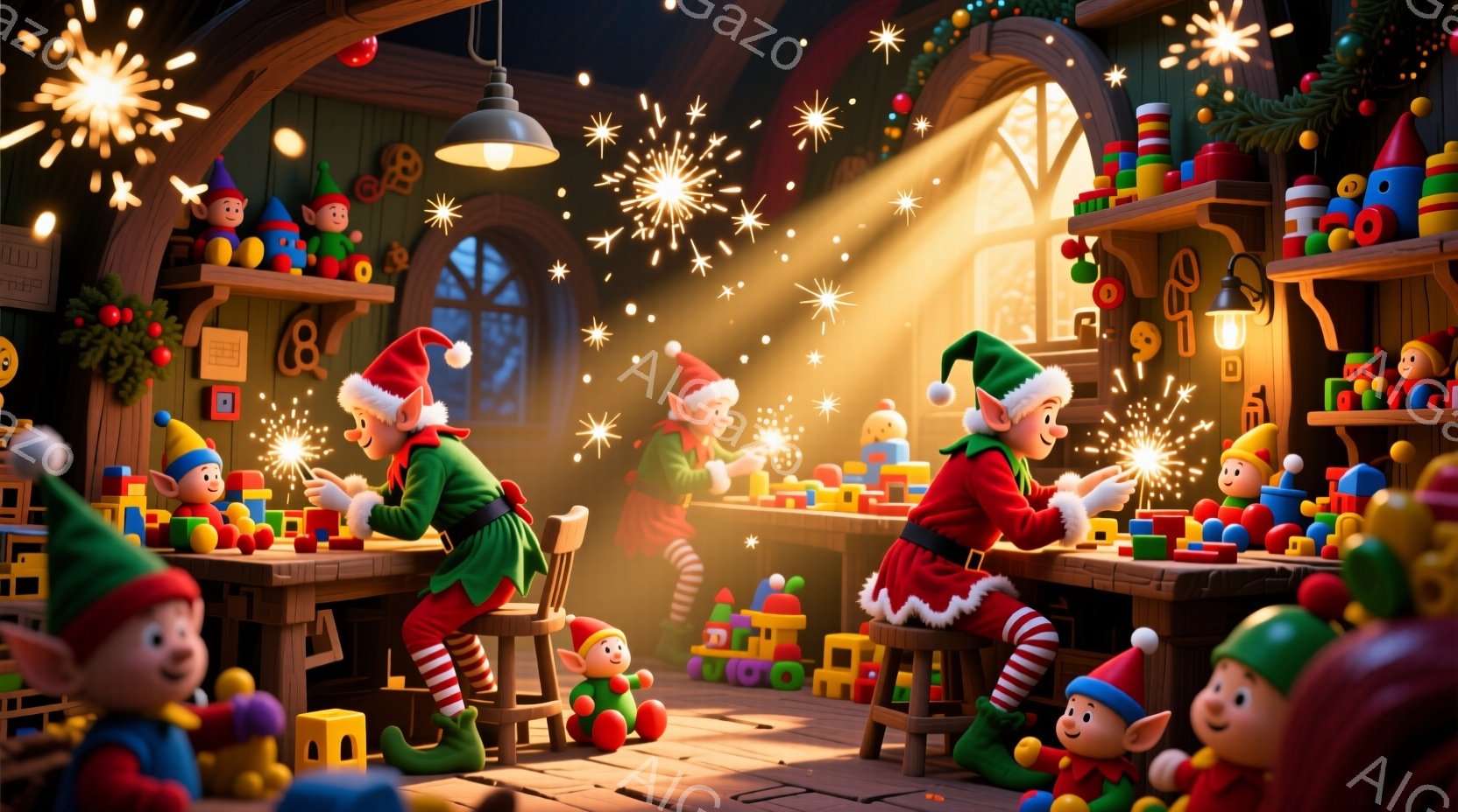 暖炉の光とキラキラ光るおもちゃに囲まれた、エルフたちが木製の作業台で忙しくおもちゃ作りをしている様子が描かれています。エルフたちは緑色の服に赤い帽子と靴下を身に着け、楽しそうに火花を散らしながら作業に集中しており、活気にあふれたクリスマスの工房の雰囲気が伝わってきます。背景には積み重ねられたカラフルなおもちゃやクリスマスの飾り付けが見られ、温かく幻想的な空間を作り出しています。