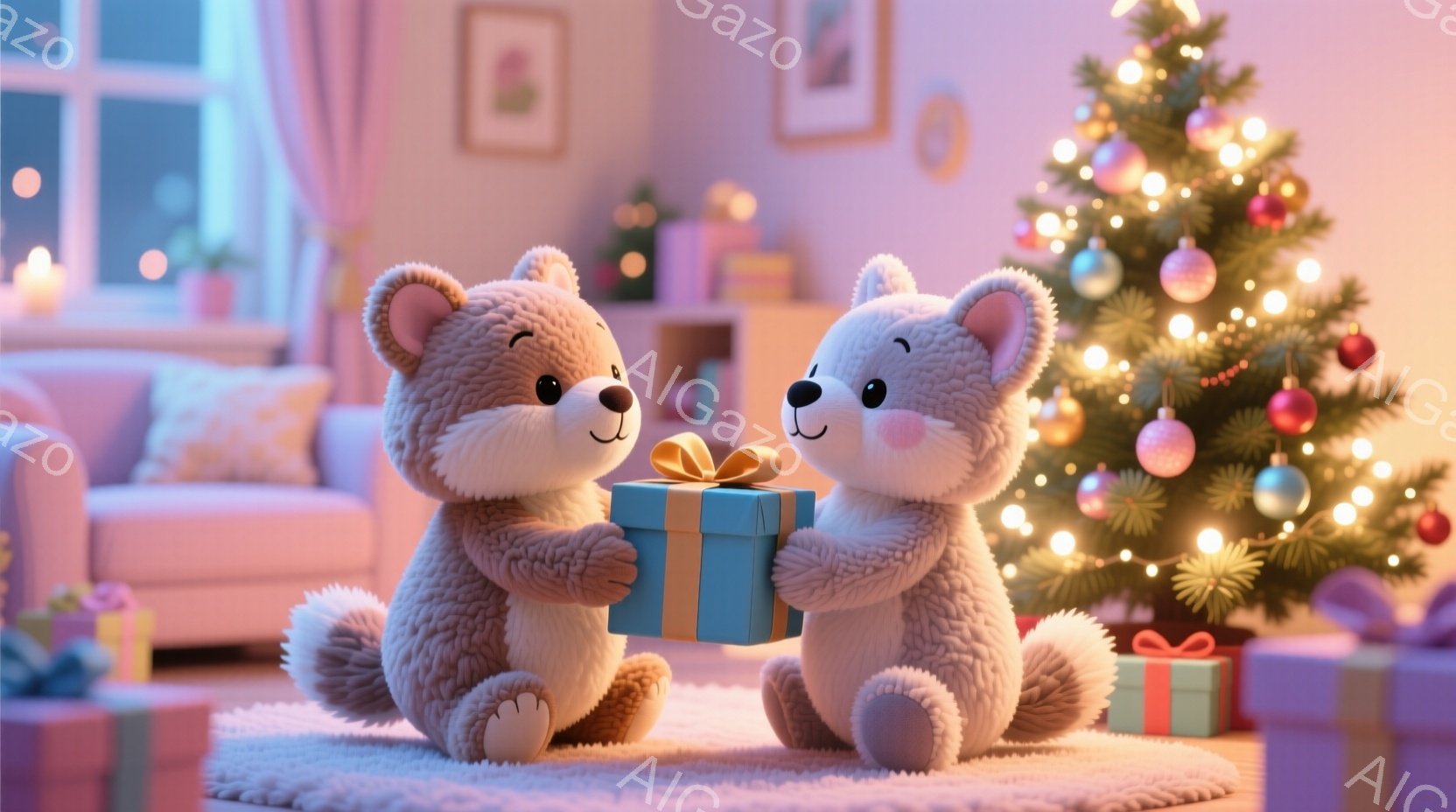 2匹のふわふわのテディベアがカーペットの上に座り、青いリボンで結ばれたプレゼントを交換しています。背景には、明るい装飾が施されたクリスマスツリーと、ピンク色のソファと本棚が見え、温かく幸せな雰囲気です。柔らかい光が室内を照らし、冬の夜の心地よいお祝いの場面を描いています。
