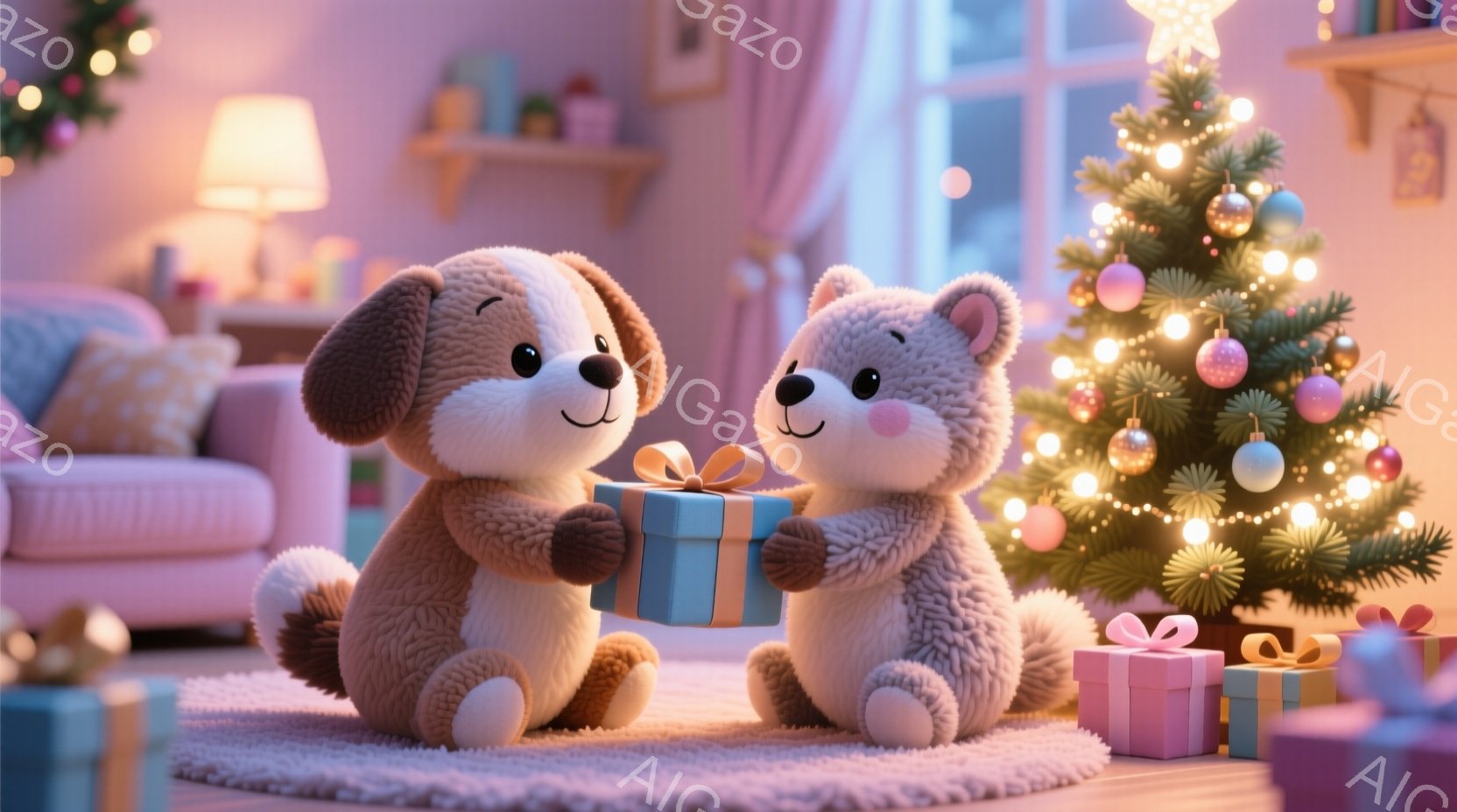 明るいリビングルームで、犬とクマのぬいぐるみがプレゼントを交換しています。両者は丸い頬と輝く目をしており、互いにプレゼントを差し出し合い、幸せそうな表情をしています。背景には、きらびやかなオーナメント - AI生成フリー素材