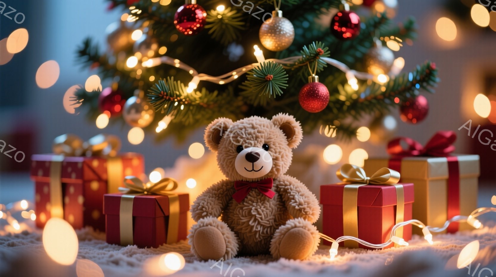 暖炉の前にあるカーペットの上に、ふわふわの茶色のクマのぬいぐるみと赤いリボンで飾られたプレゼントボックスが並んでいます。背景には、キラキラ光るクリスマスツリーがぼやけて写っており、温かく、お祝いの雰囲 - AI生成フリー素材