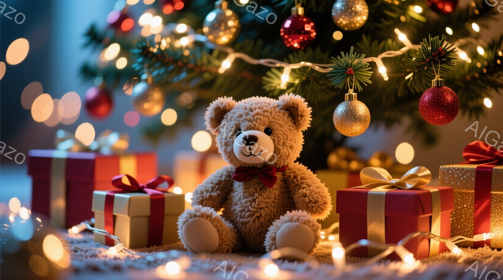 明るいクリスマスツリーの足元に、茶色のテディベアが座っています。赤いリボンをつけた可愛らしい姿で、周りにはプレゼントボックスが置かれています。背景にはぼやけたクリスマスツリーの飾りと電飾が輝き、温かく - AI生成フリー素材