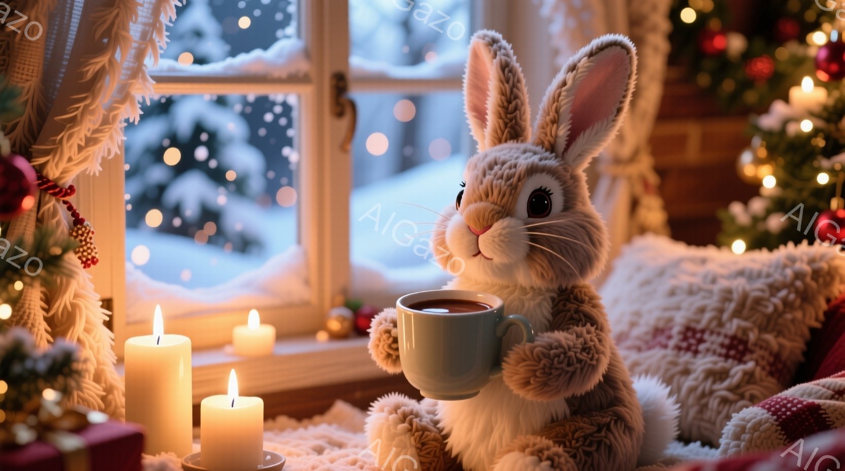 窓辺に座るふわふわの白いウサギが、湯気の立つマグカップを両手で抱えています。背景にはクリスマスツリーの温かい光が灯り、雪が降る冬の景色が広がっています。キャンドルの灯りがウサギの柔らかな毛並みを照らし、穏やかで居心地の良い雰囲気を醸し出しています。