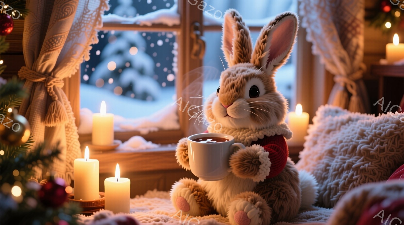 ふわふわの毛並みを持つウサギが、赤いニットのセーターと帽子を身につけ、温かい飲み物を入れたカップを両手で抱えています。ウサギは窓辺に座り、雪が降る景色を眺めており、周囲には温かい光を放つキャンドルが置かれています。全体的に、暖かく居心地の良い、冬の日の穏やかな雰囲気が漂っています。