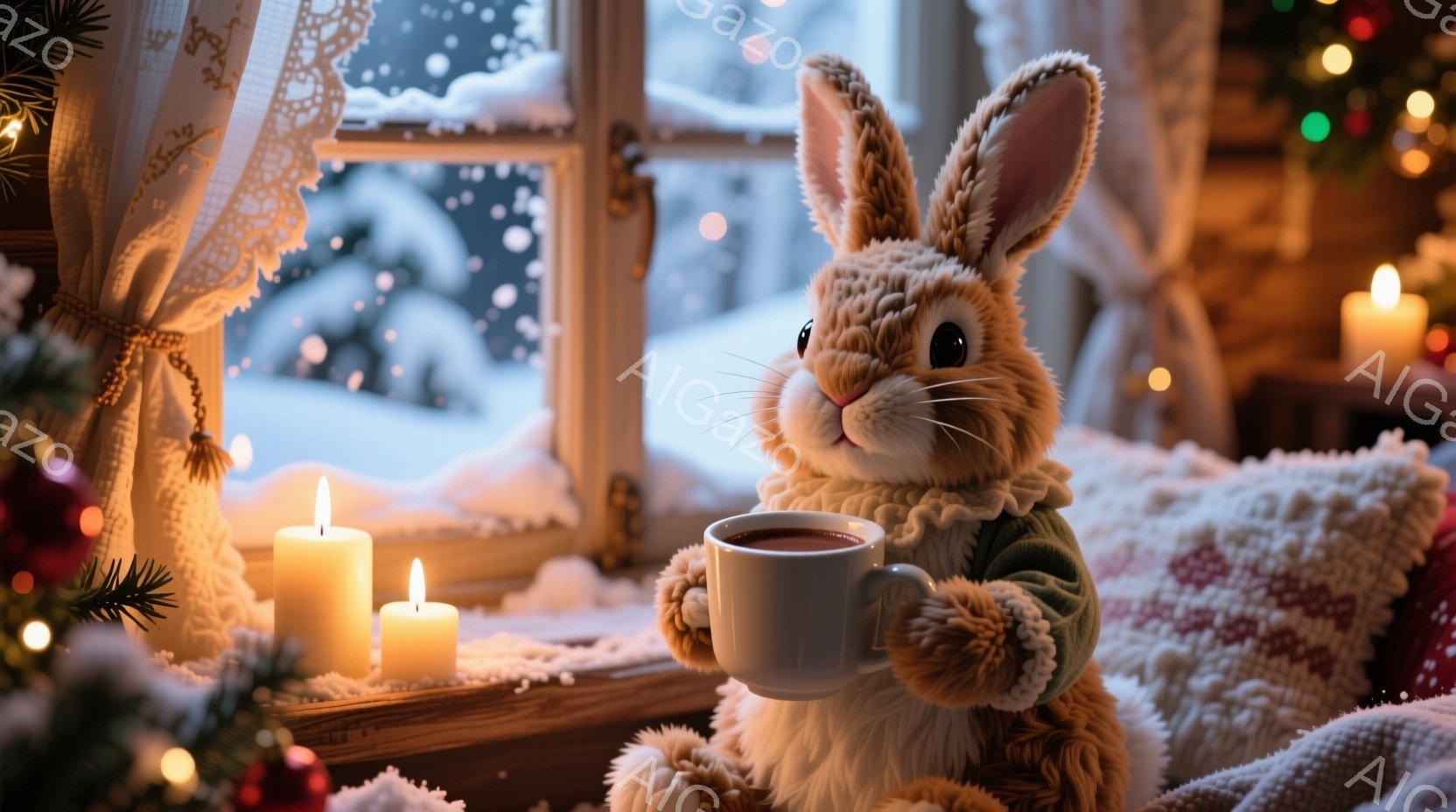 ふわふわの茶色のうさぎが、緑色のセーターを着て、白い窓辺に座り、両手で白いマグカップを抱えています。窓の外は雪が降っており、室内にはキャンドルが灯り、温かく居心地の良い雰囲気が漂っています。赤い模様の枕とクリスマスツリーの飾りも視認でき、冬の暖炉の景色を連想させます。