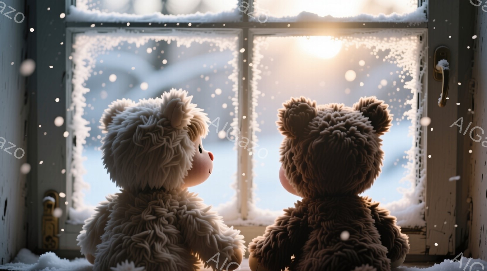 ふわふわとした毛並みのクマのぬいぐるみ2体が、雪で覆われた窓辺に並んで座っています。背中合わせで窓の外を見つめており、その表情からは穏やかな、あるいは少し寂しげな雰囲気が伝わってきます。背景は雪景色で、光が差し込む窓辺は冬の静けさと暖かさを感じさせます。
