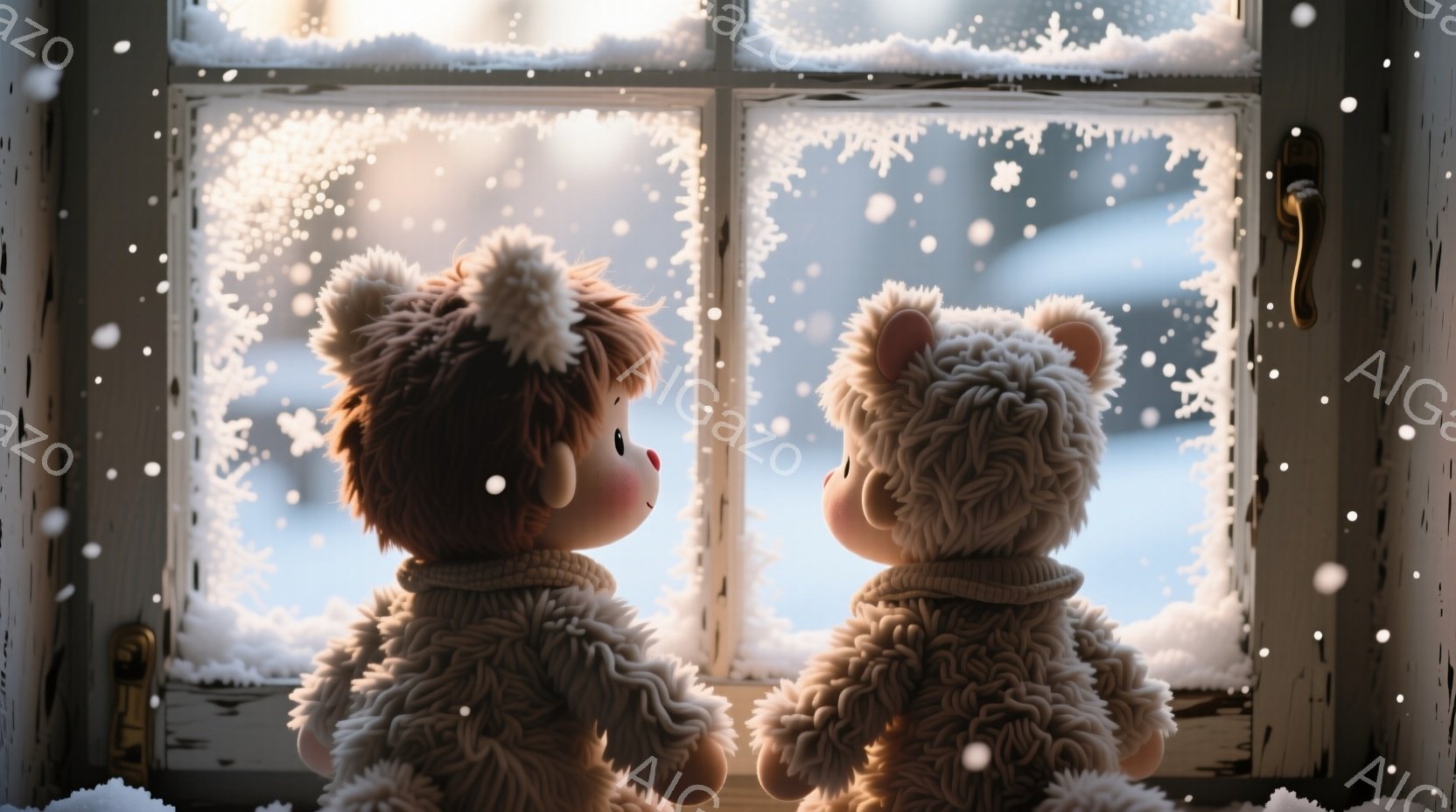 ふわふわとしたテディベアのようなキャラクターが二人、雪景色を眺めています。彼らはニット帽をかぶり、白いセーターを着ており、背中を向けて座っているため表情ははっきりしませんが、穏やかな雰囲気が伝わってきます。背景には雪で覆われた窓枠と、ぼやけた冬の風景が広がっており、温かく静かな冬の日の情景が描かれています。