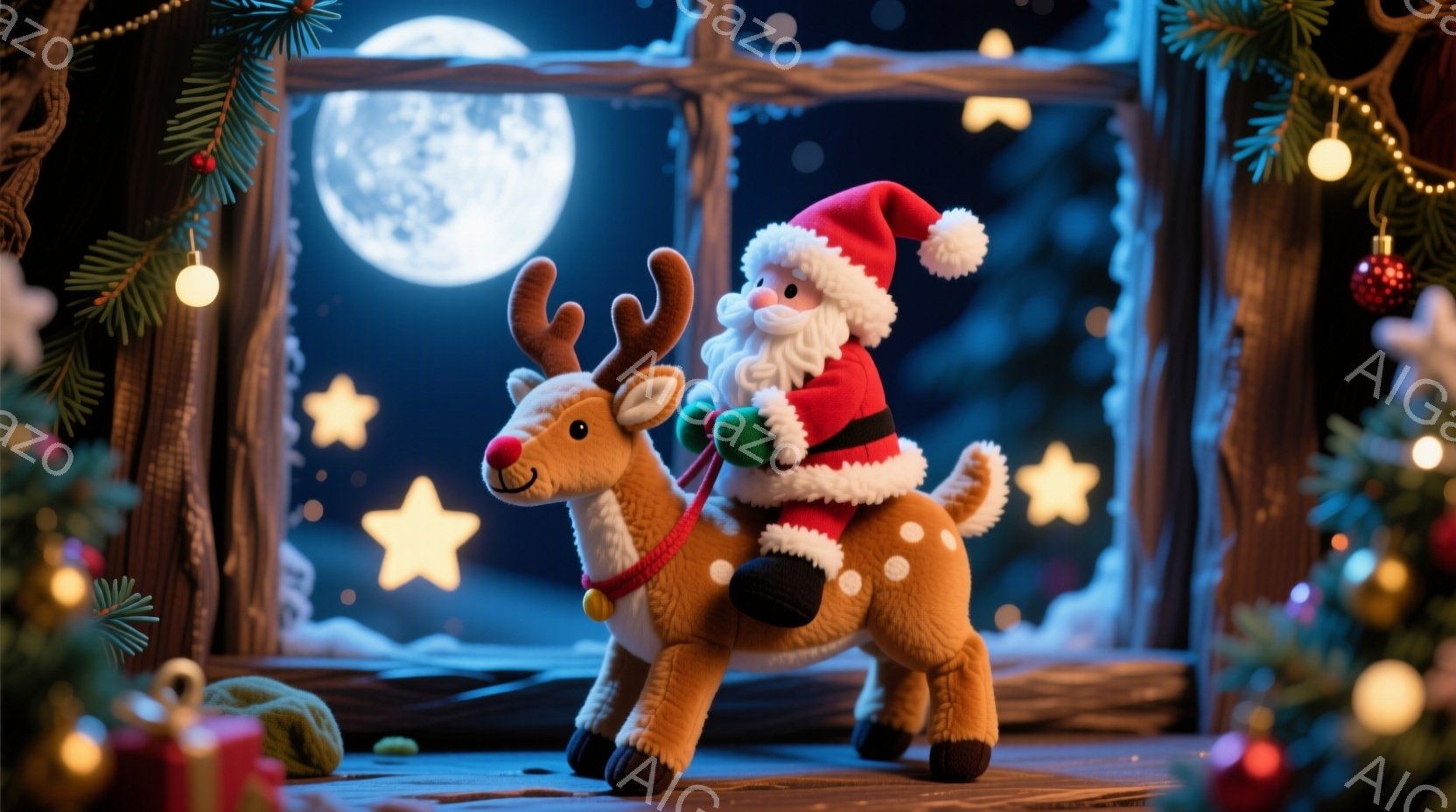 サンタクロースの人形が、かわいらしいトナカイのぬいぐるみに乗っています。サンタは赤い帽子とコートを着て、白いひげを生やしており、温かい笑顔を見せています。背景には満月が輝き、クリスマスツリーの飾りやプレゼント、雪景色が広がり、おとぎ話のような暖かく幻想的な雰囲気を醸し出しています。